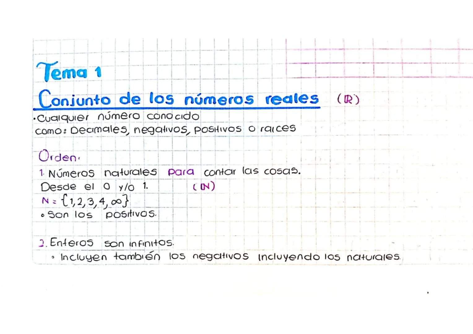Tema 1

Conjunto de los números reales (R)
•Cualquier número conocido
como: Deamales, negativos, Positivos o raices

Orden:
1. Números natur