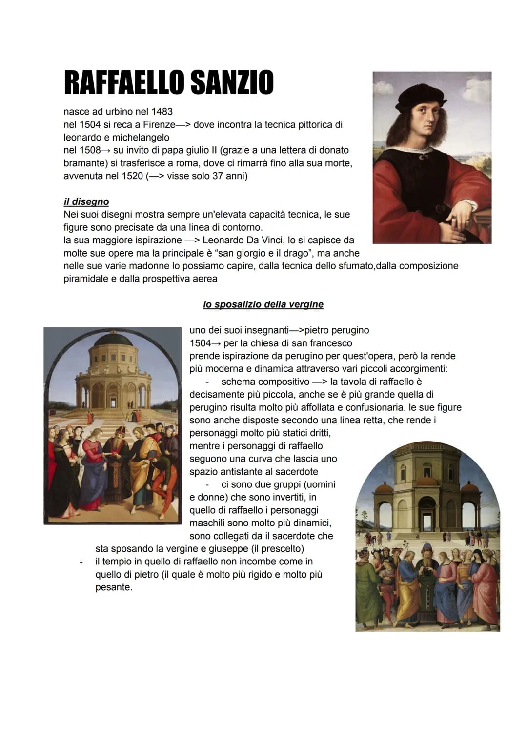 # RAFFAELLO SANZIO

nasce ad urbino nel 1483
nel 1504 si reca a Firenze-> dove incontra la tecnica pittorica di
leonardo e michelangelo
nel 
