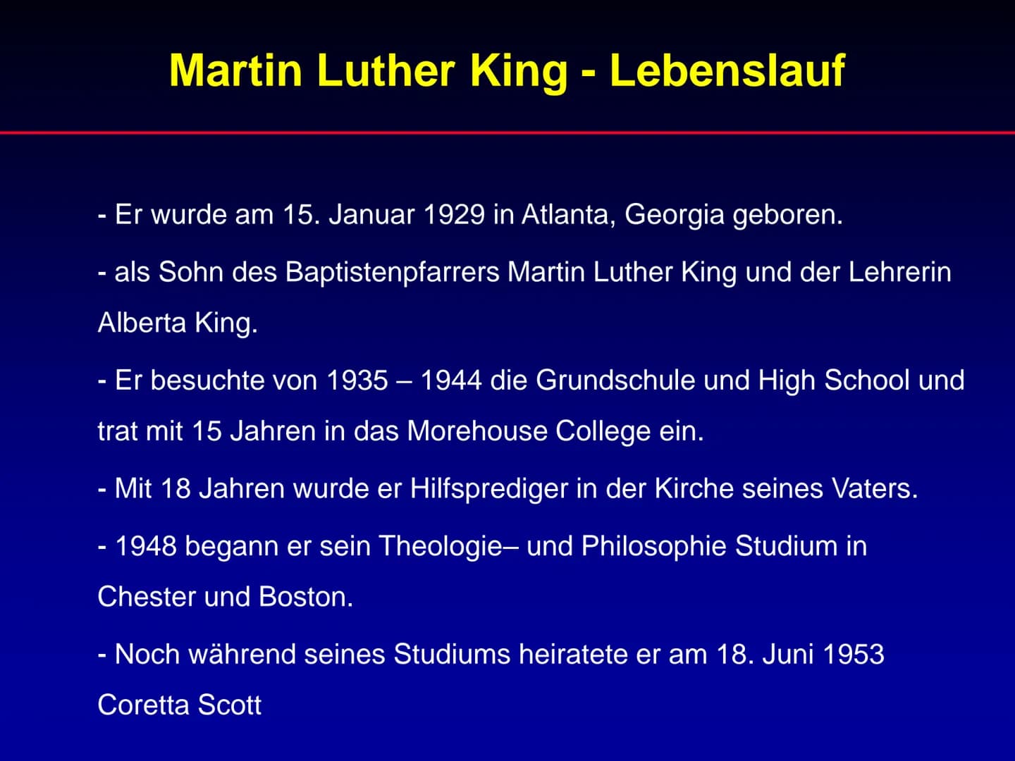 # Martin Luther King

Referat Martin Luther King

1. Lebenslauf
2. Wichtige Ereignisse während der Zeit von
Martin Luther King
3. Rede „I ha