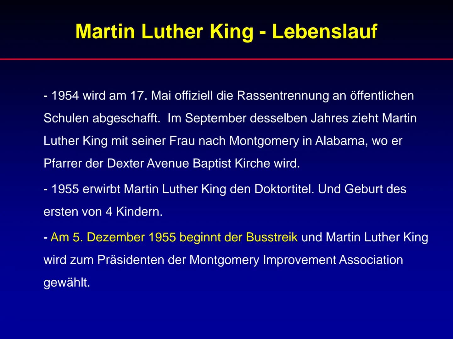 # Martin Luther King

Referat Martin Luther King

1. Lebenslauf
2. Wichtige Ereignisse während der Zeit von
Martin Luther King
3. Rede „I ha
