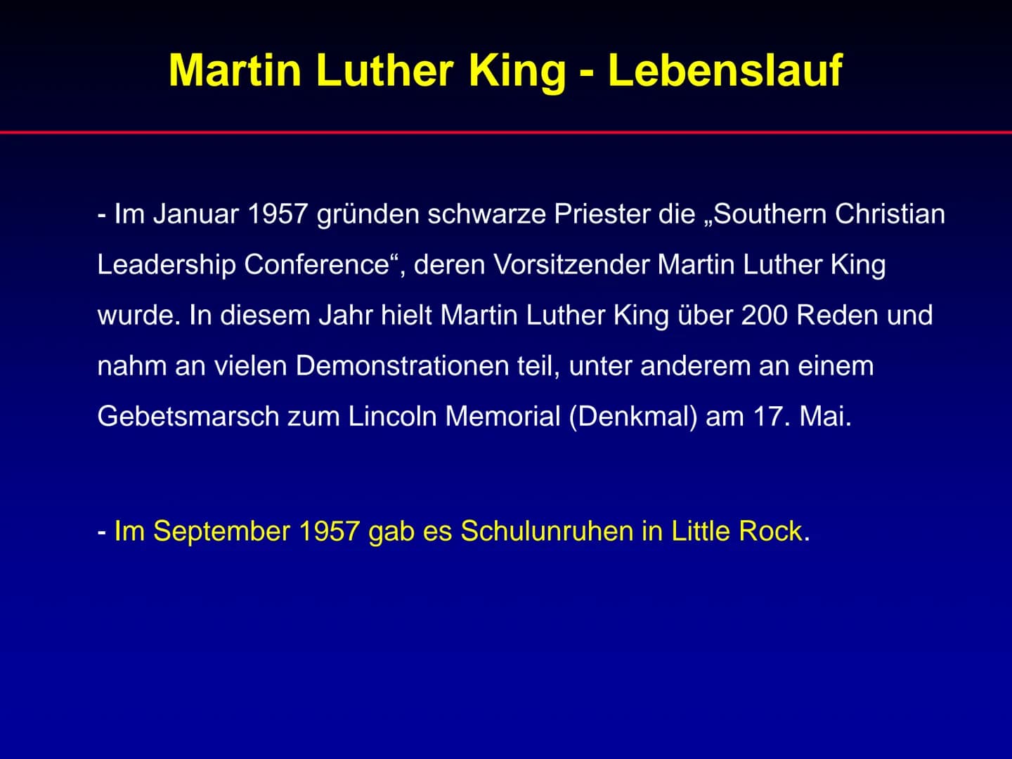 # Martin Luther King

Referat Martin Luther King

1. Lebenslauf
2. Wichtige Ereignisse während der Zeit von
Martin Luther King
3. Rede „I ha