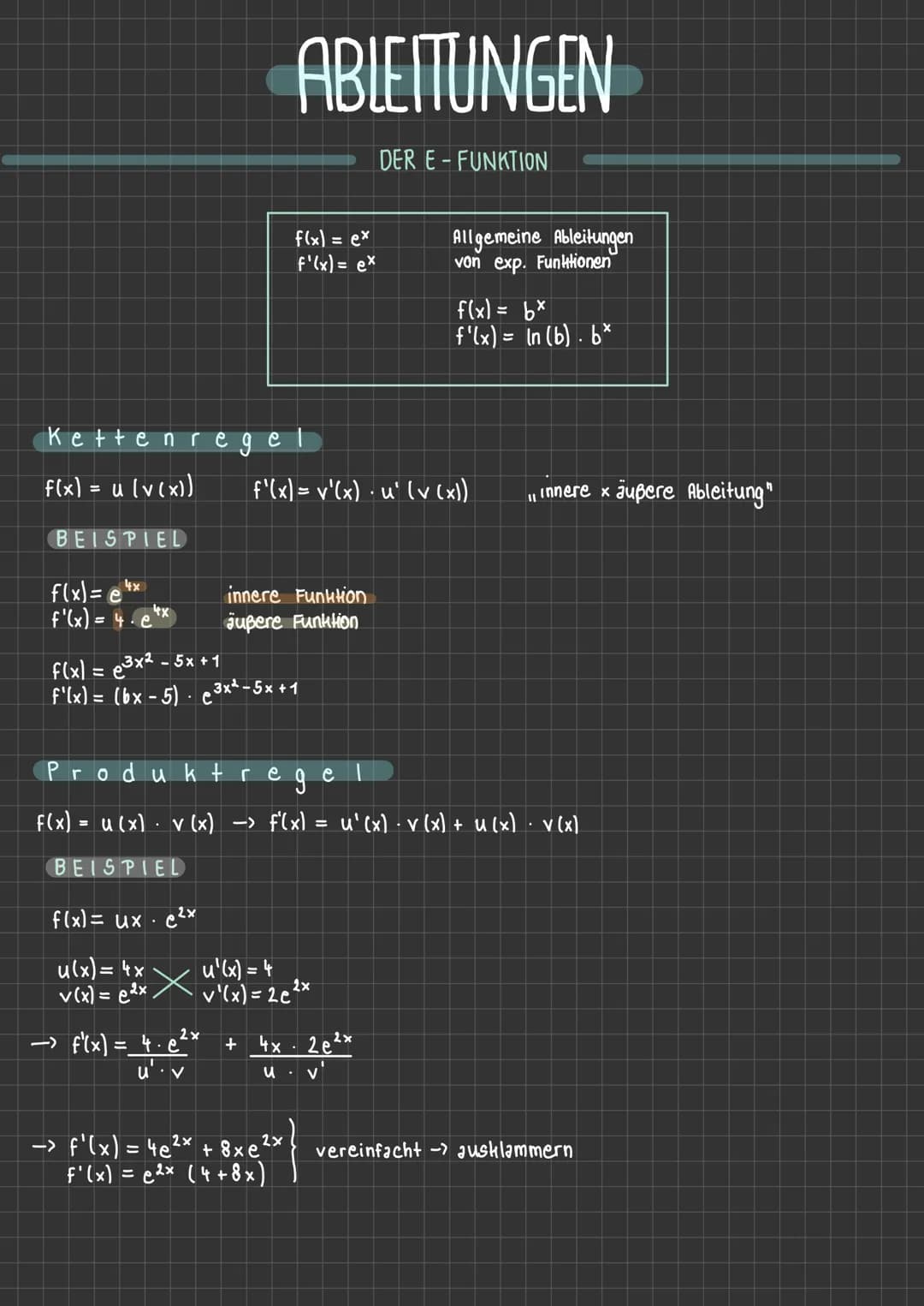 # ABLEITUNGEN

DER E-FUNKTION

$f(x) = e^x$
$f'(x) = e^x$

Allgemeine Ableitungen
von exp. Funktionen

$f(x) = b^x$
$f'(x) = In (b). b^x$

K