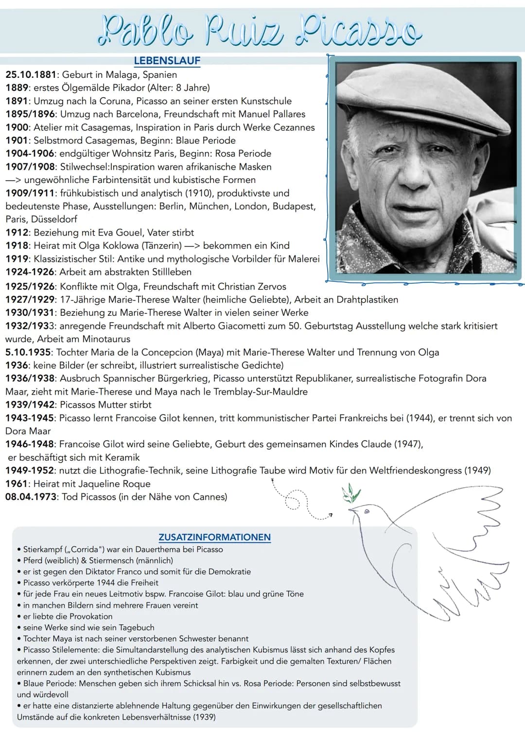# Pablo Ruiz Picasso

LEBENSLAUF
25.10.1881: Geburt in Malaga, Spanien
1889: erstes Ölgemälde Pikador (Alter: 8 Jahre)
1891: Umzug nach la C