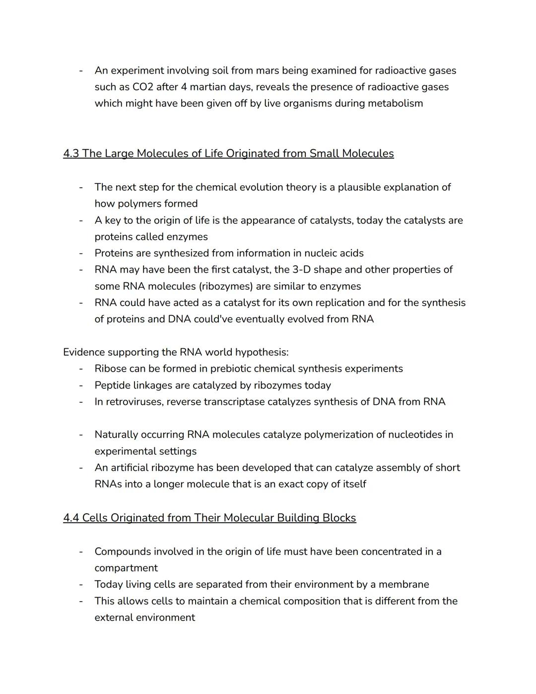 # Chapter 4: Nucleic Acids and the Origins of Life

- The search for life on Mars involves the two chemical signatures of life: the
presence