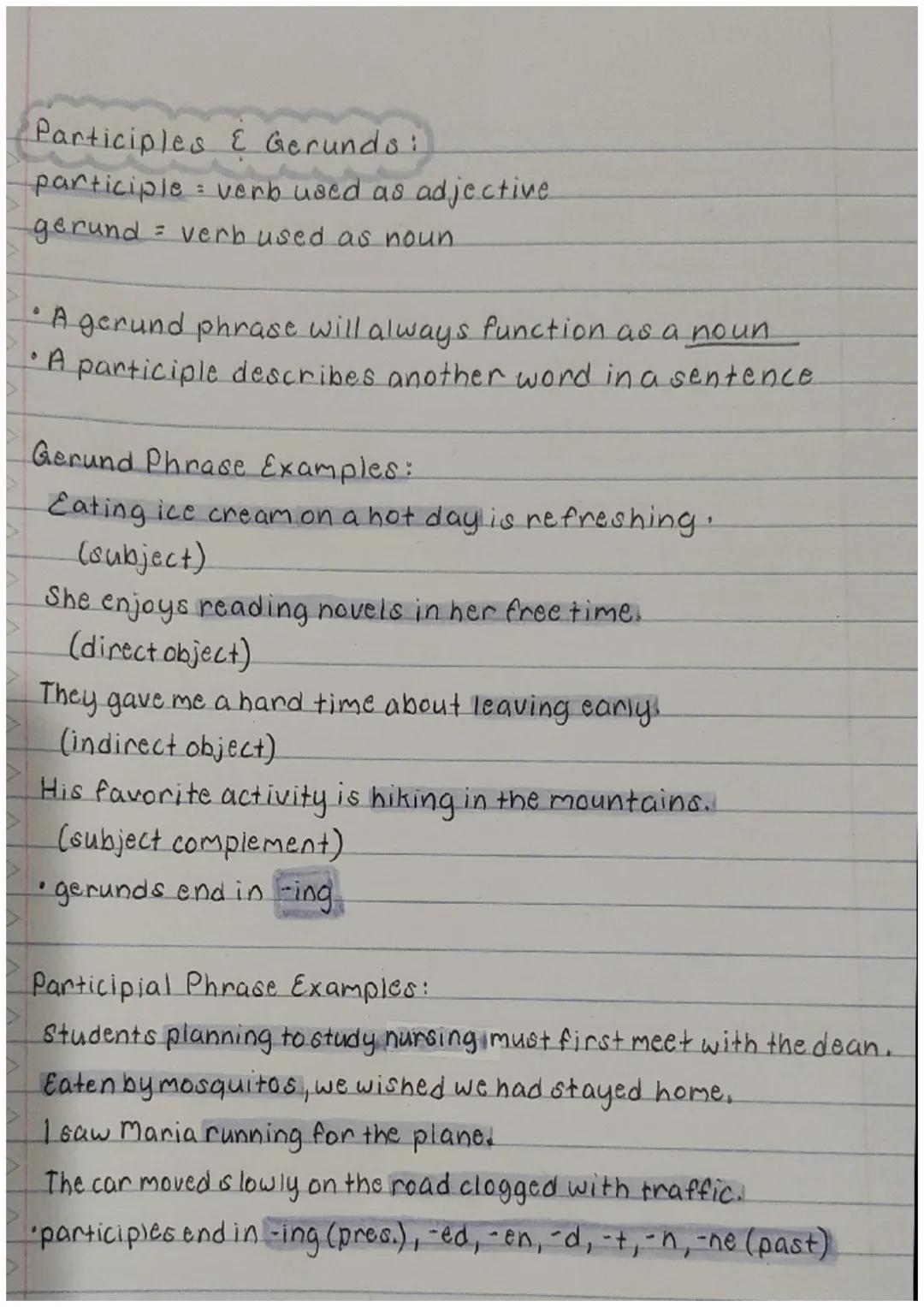 Participles & Gerunds:

participle: verb used as adjective

gerund verb used as noun

• A gerund phrase will always function as a noun

• A 