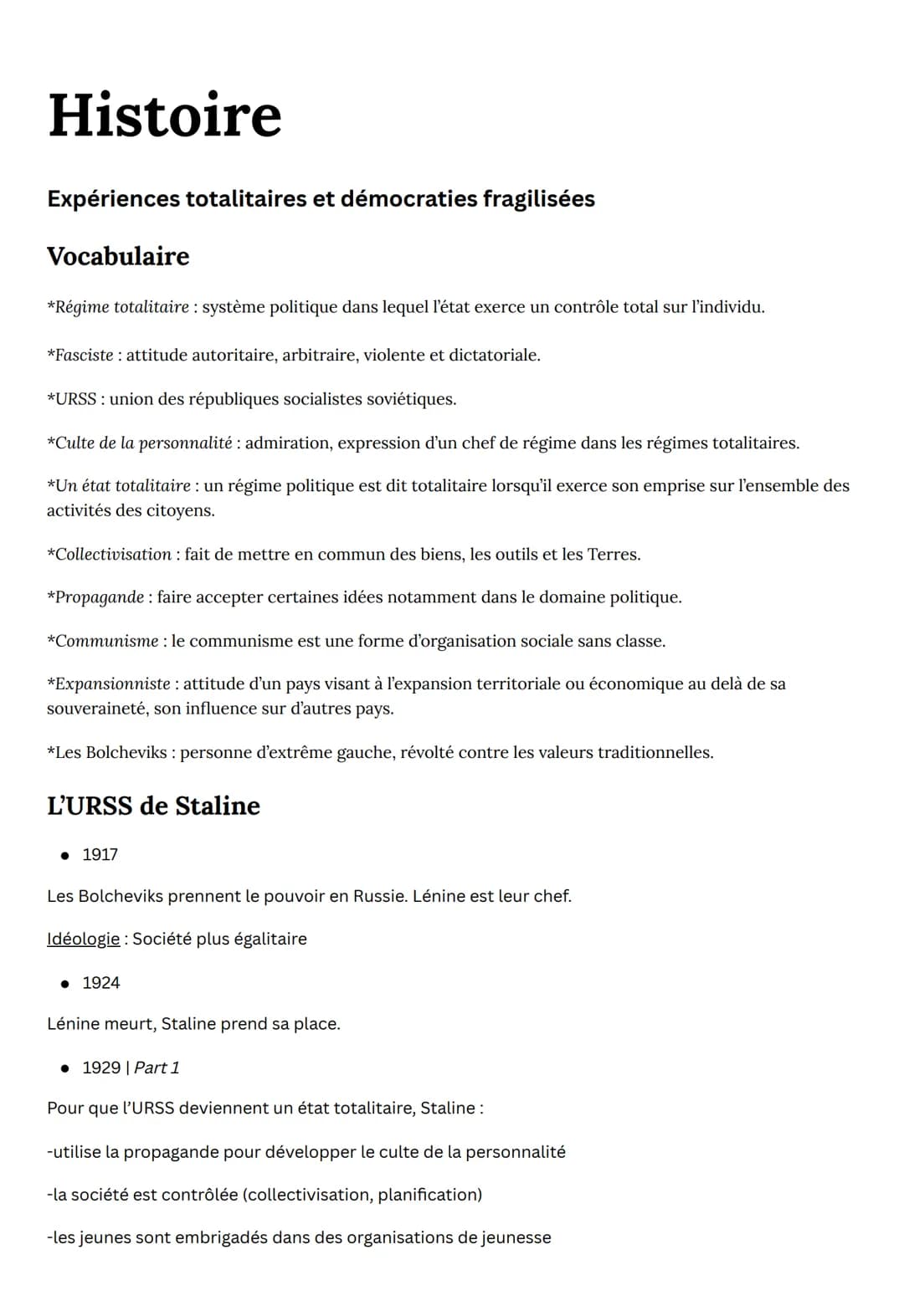 # Histoire

Expériences totalitaires et démocraties fragilisées

Vocabulaire

*Régime totalitaire: système politique dans lequel l'état exer