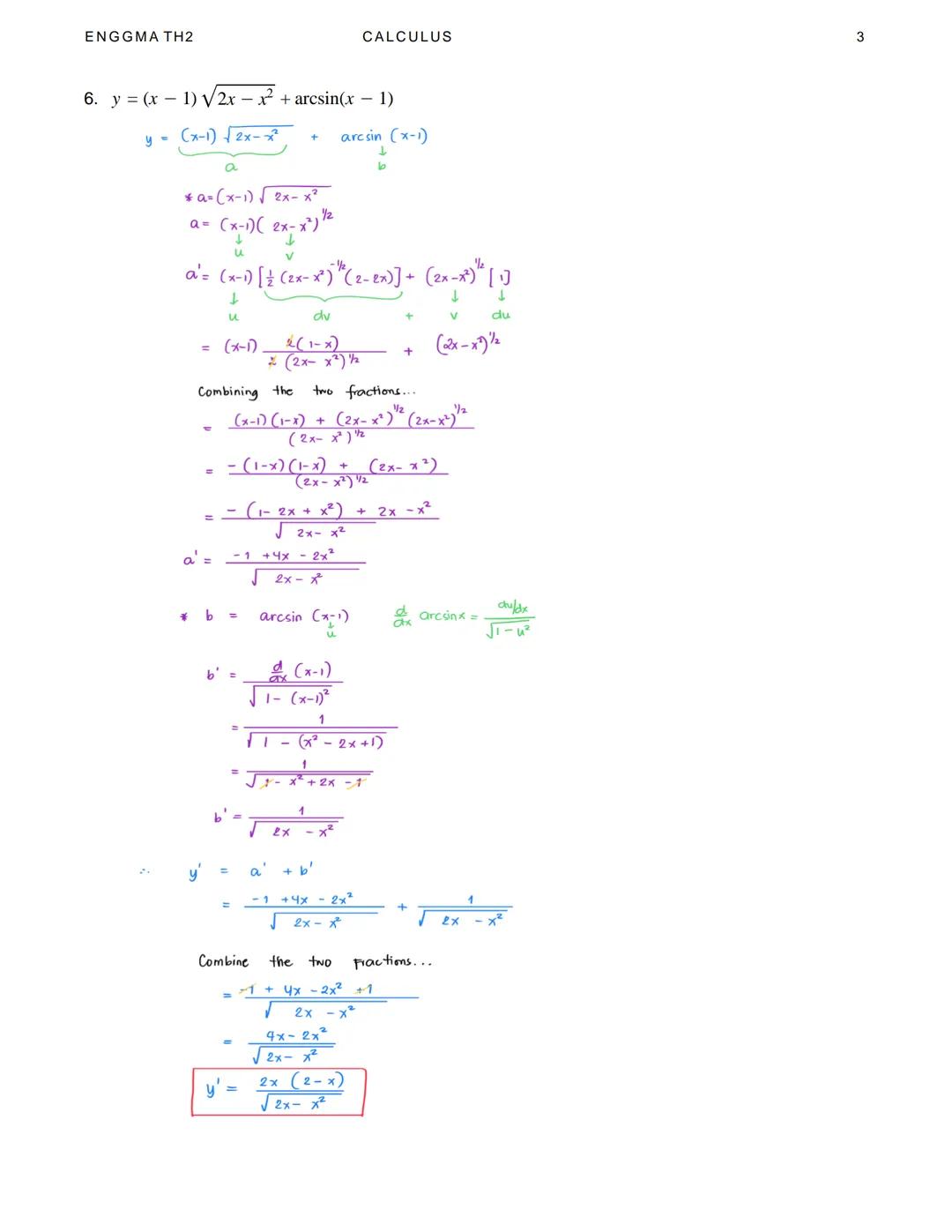 ENGGMA TH2
CALCULUS
1
DERIVATIVE OF INVERSE
TRIGONOMETRIC FUNCTIONS
$
\frac{d}{dx} \arcsin u = \frac{du}{dx} \frac{1}{\sqrt{1-u^2}}
$
$
\fra