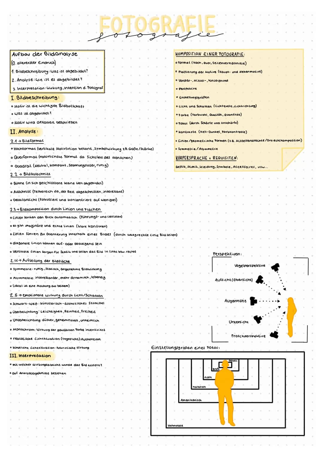 # FOTOGRAFIE

fotografie

Aufbau der Bildanalyse
(0. allererster Eindruck)

1. Bildbeschreibung: was ist abgebildet?

2. Analyse wie ist es 