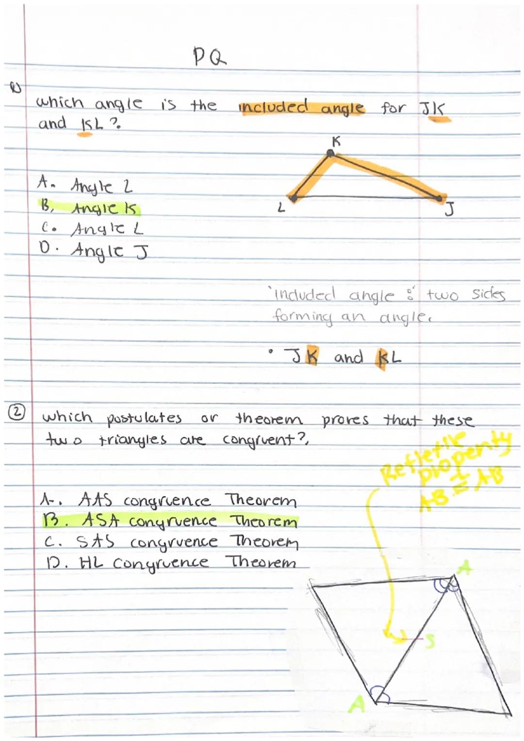 # 3.08 Triangle Congruence Included angle

• The angle formed by two sides.

ex) which angle is the included angle for
sides AB and BC

A. A