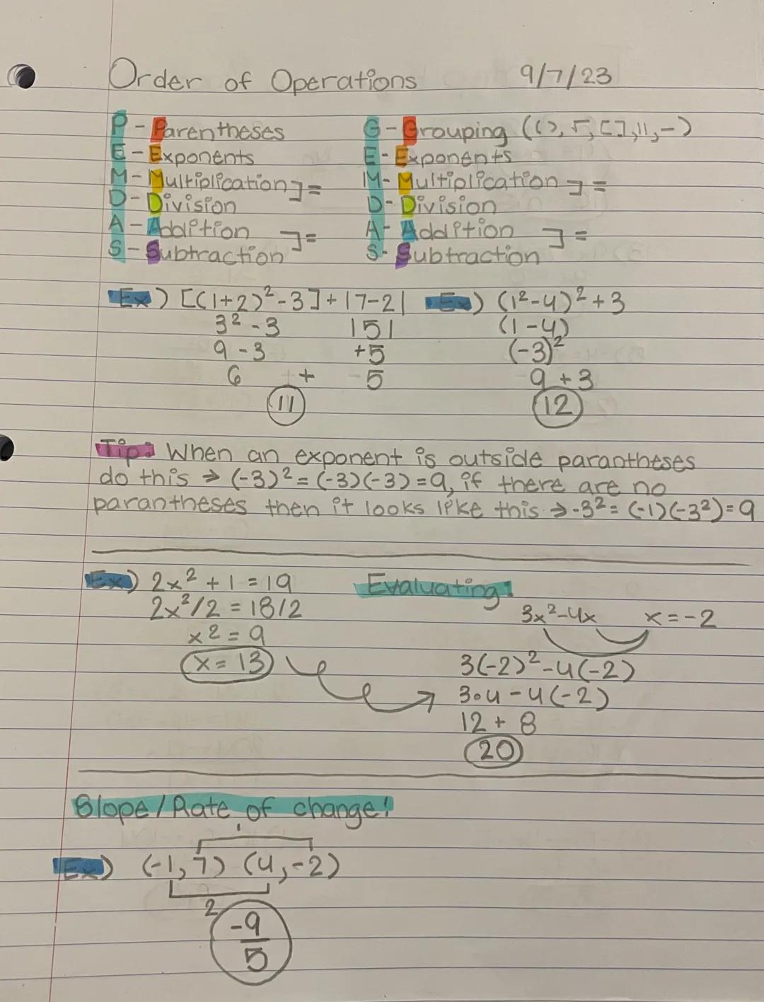 Order of Operations
9/7/23

P-Parentheses G-Grouping )13,5,7 والد - (
E-Exponents E-Exponents
+
M-Multiplication] M-Multiplication] =
D-Divi