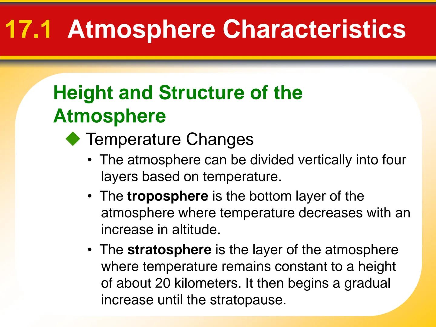 Chapter The Atmosphere: Structure
17 and Temperature # 17.1 Atmosphere Characteristics

## Composition of the Atmosphere

*   Weather is con
