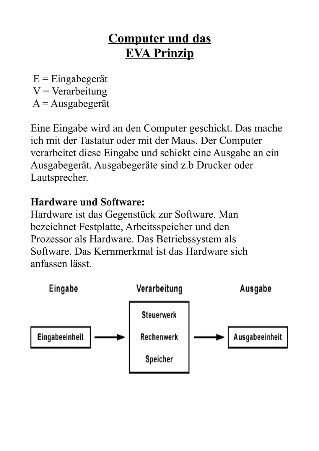 # Computer und das
## EVA Prinzip

E = Eingabegerät
V = Verarbeitung
A = Ausgabegerät

Eine Eingabe wird an den Computer geschickt. Das mach