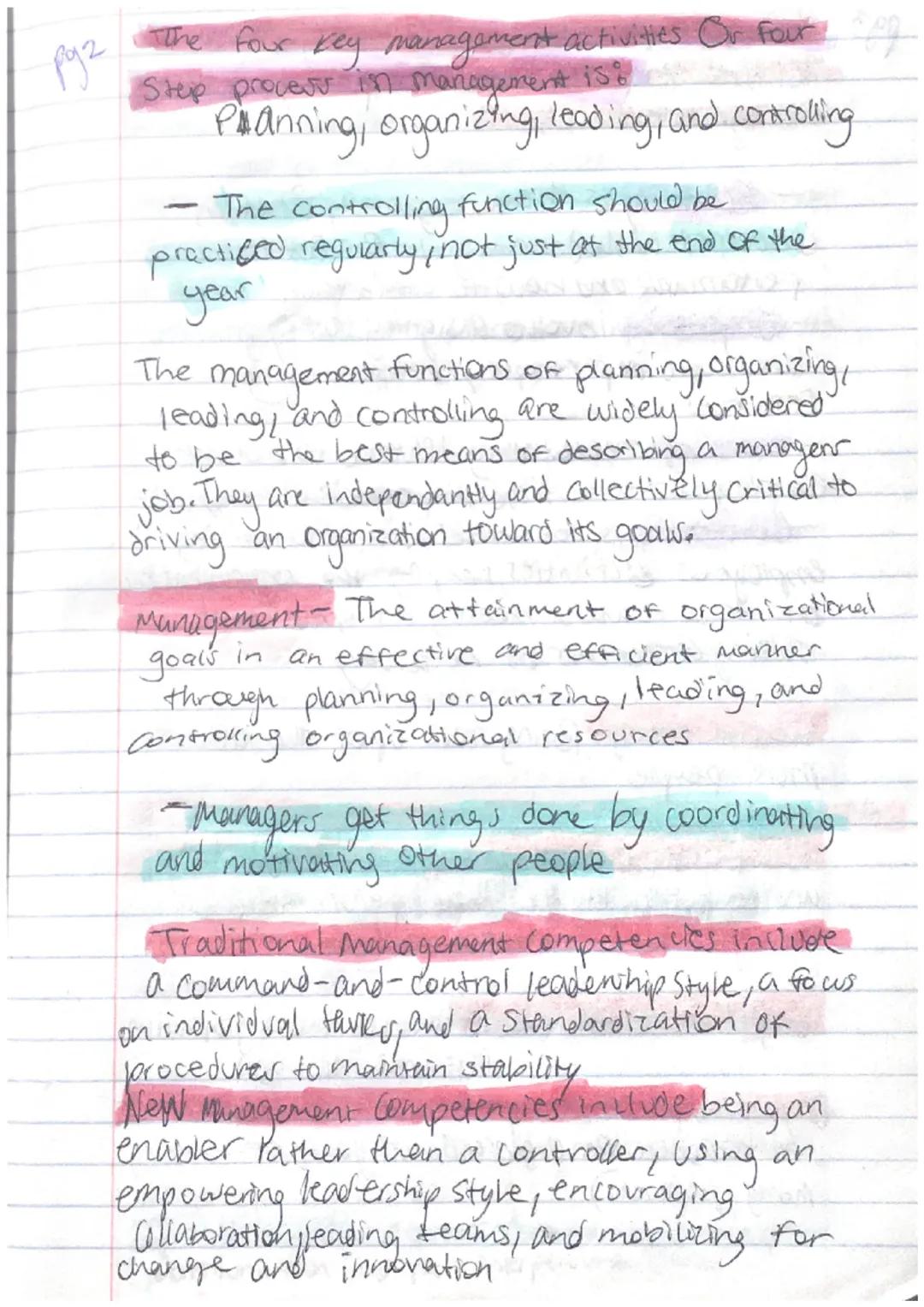 pg 1

Principles
OF
Management
Notes pg2 The four key management activities Or Four
Step process in management is:
Planning, organizing, lea