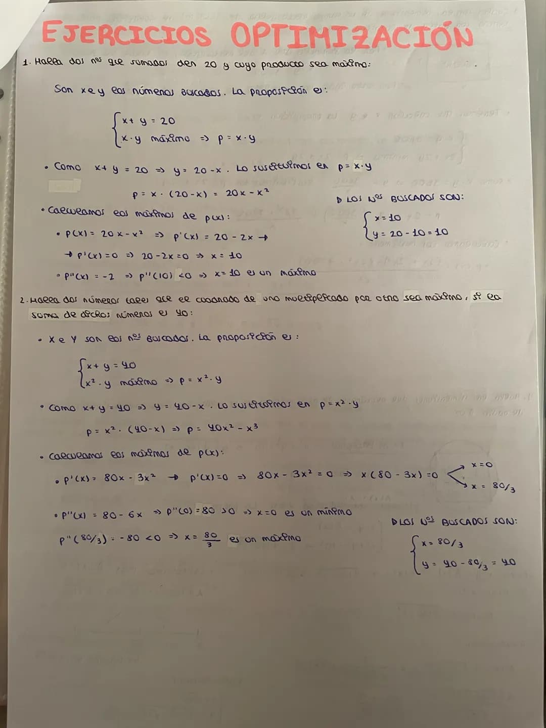 MATEMÁTICAS 1º BACH CCNN
HOJA 16

1.- Halla dos números que sumados den 20 y cuyo producto sea máximo.

2.- Halla dos números tales que el c