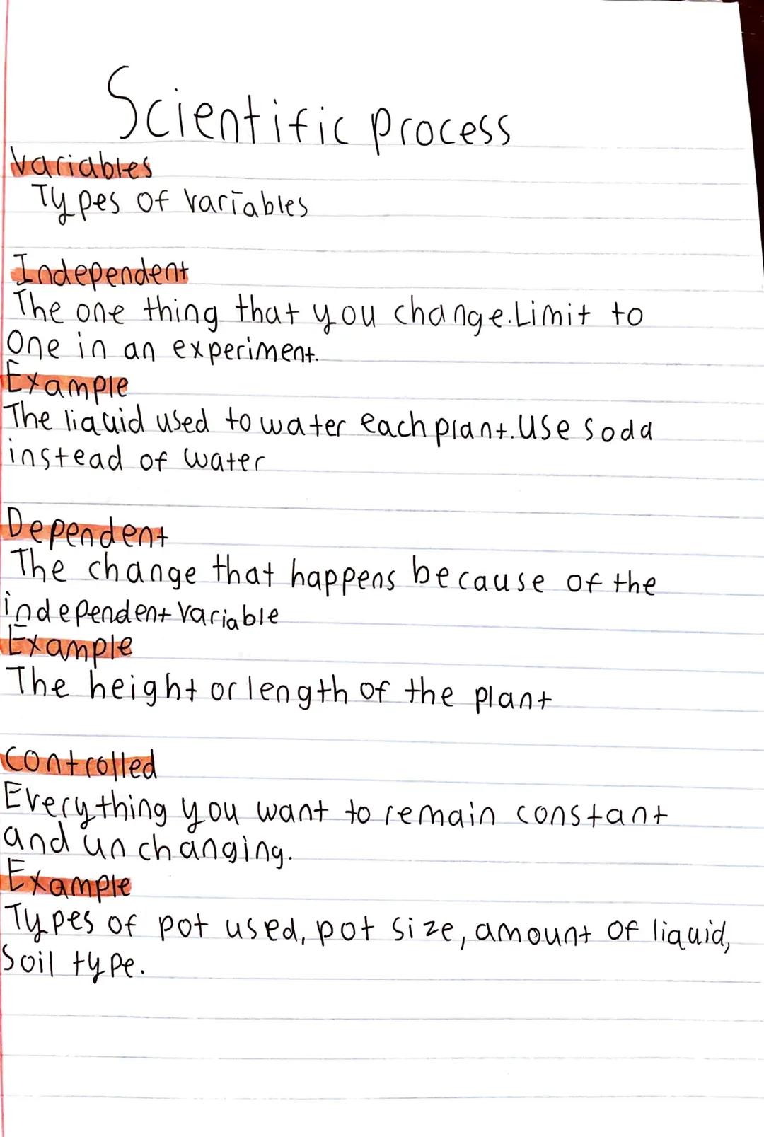 Scientific process

Variables
Types of variables

Independent
The one thing that you change. Limit to
One in an experiment.
Example
The liqu