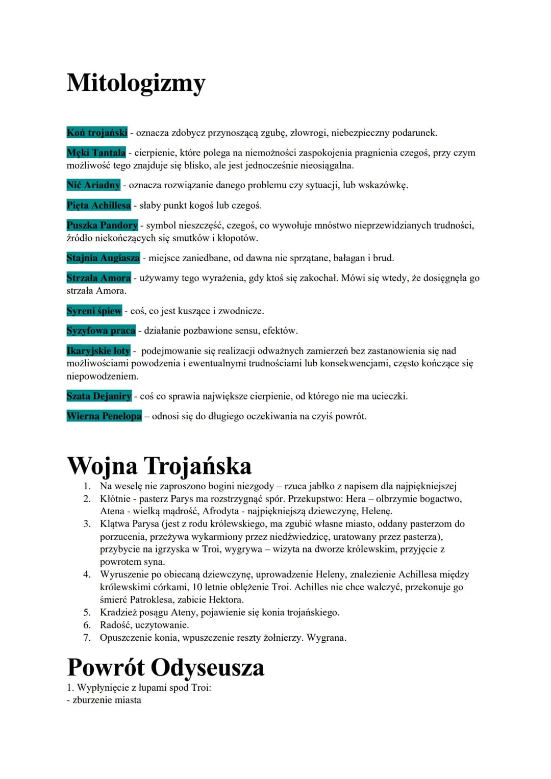 # Mitologizmy

Koń trojański - oznacza zdobycz przynoszącą zgubę, złowrogi, niebezpieczny podarunek.

Męki Tantala - cierpienie, które poleg