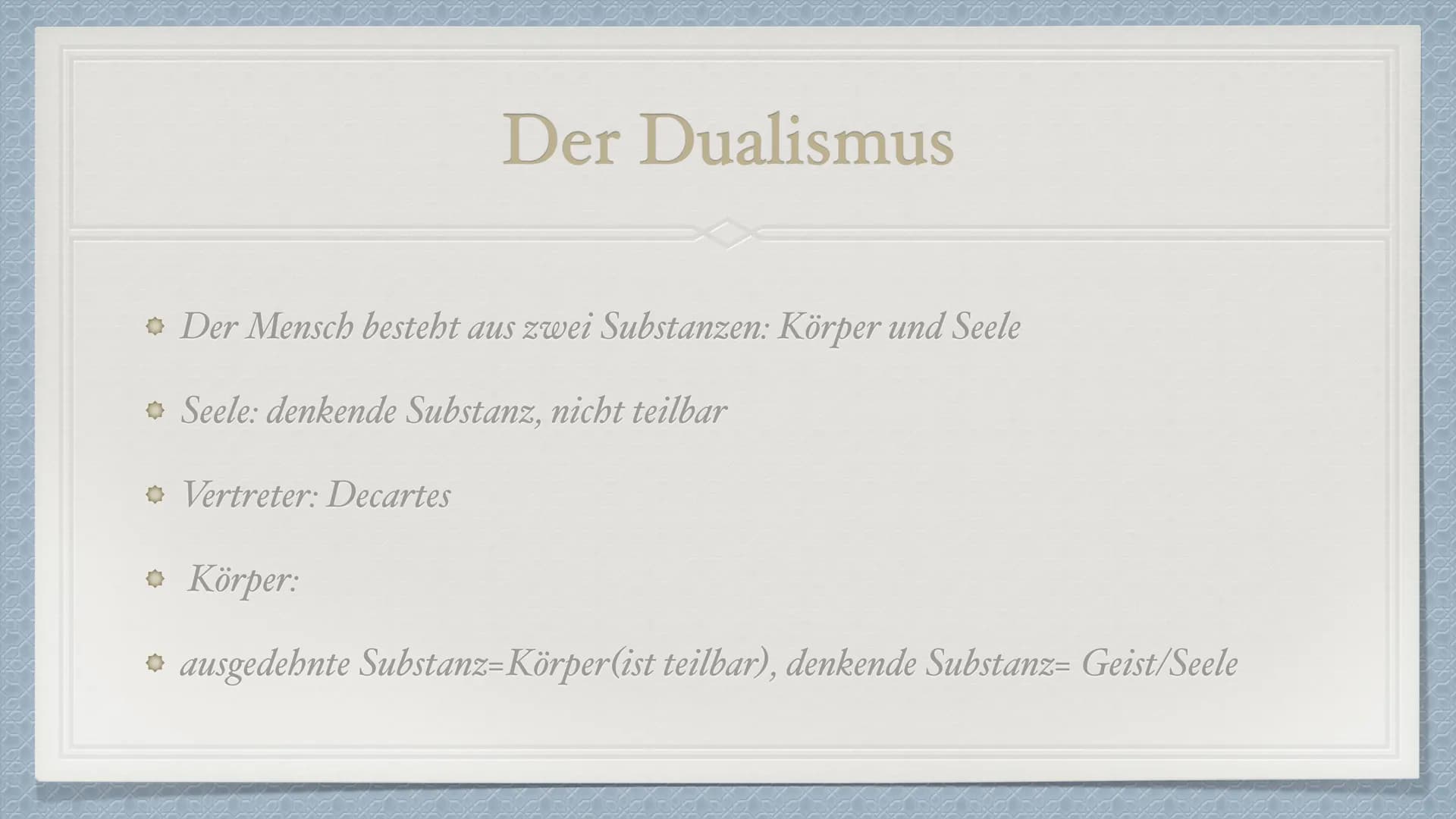 # Das Leib-Seele-Problem

Eine Präsentation von Anisa S. und Senita K. # Was ist das Leib-Seele-Problem?

*   Philosophischer Diskurs über d