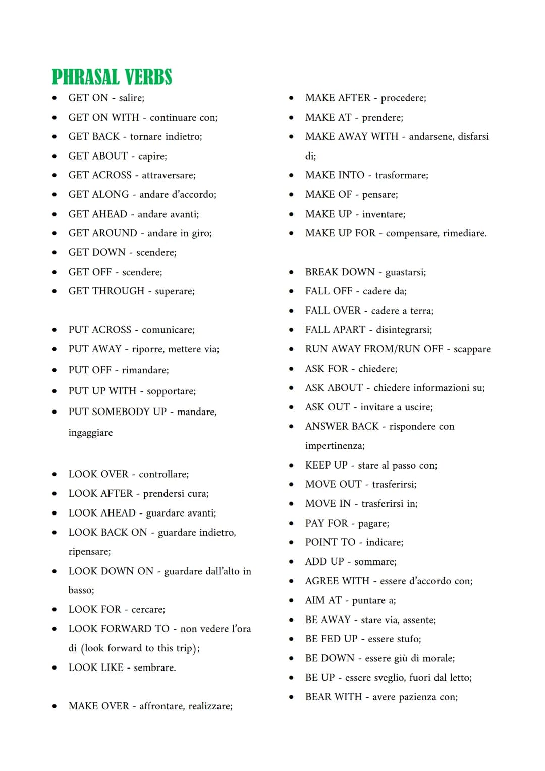 # PHRASAL VERBS

*   GET ON - salire;
*   GET ON WITH - continuare con;
*   GET BACK - tornare indietro;
*   GET ABOUT - capire;
*   GET ACR