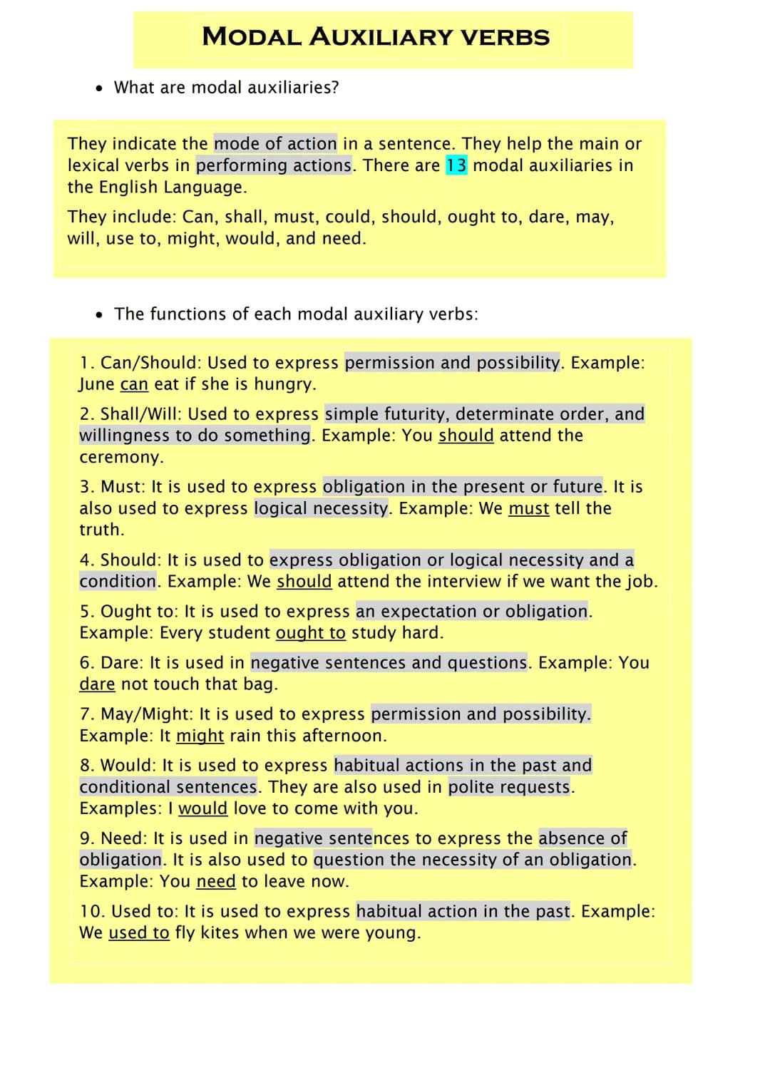 # MODAL AUXILIARY VERBS

• What are modal auxiliaries?

They indicate the mode of action in a sentence. They help the main or
lexical verbs 