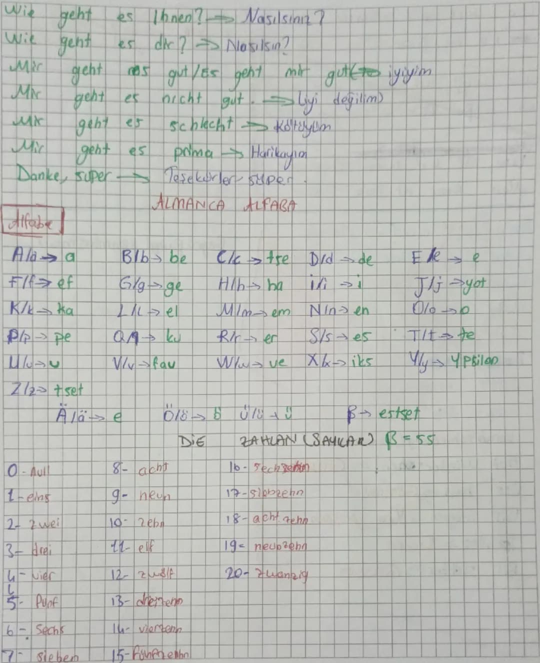 Wie geht es Ihnen? Nasılsınız?
Wie gent es die? Nasılsın?
Mir geht nes gut/Es geht mir gut(to iyiyim
Mir geht es nicht gut. Liyi değilim)
Mi