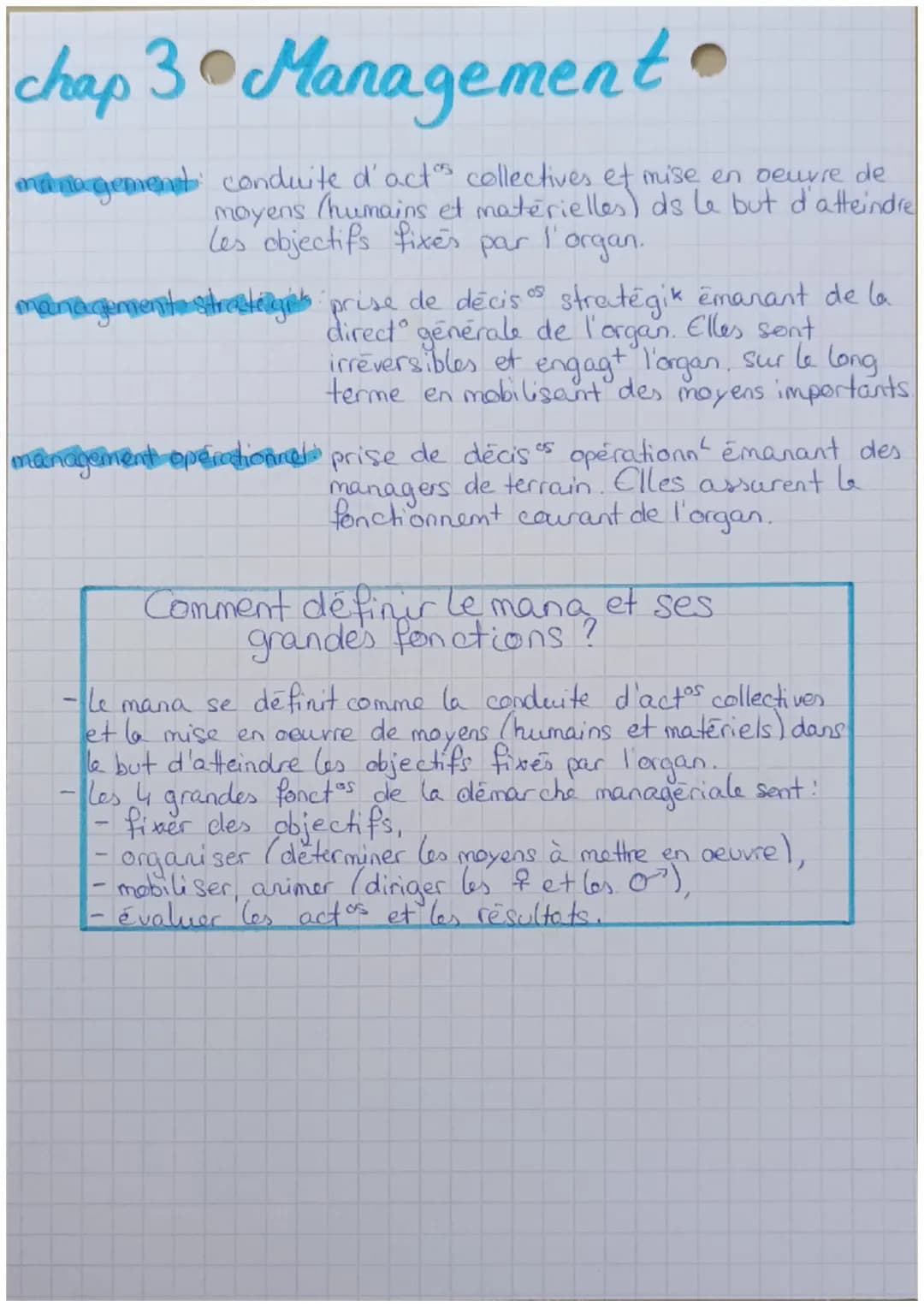 chap 3 Management.

management conduite d' actos collectives et mise en oeuvre de
moyens humains et matérielles) ds le but d'atteindre
les o