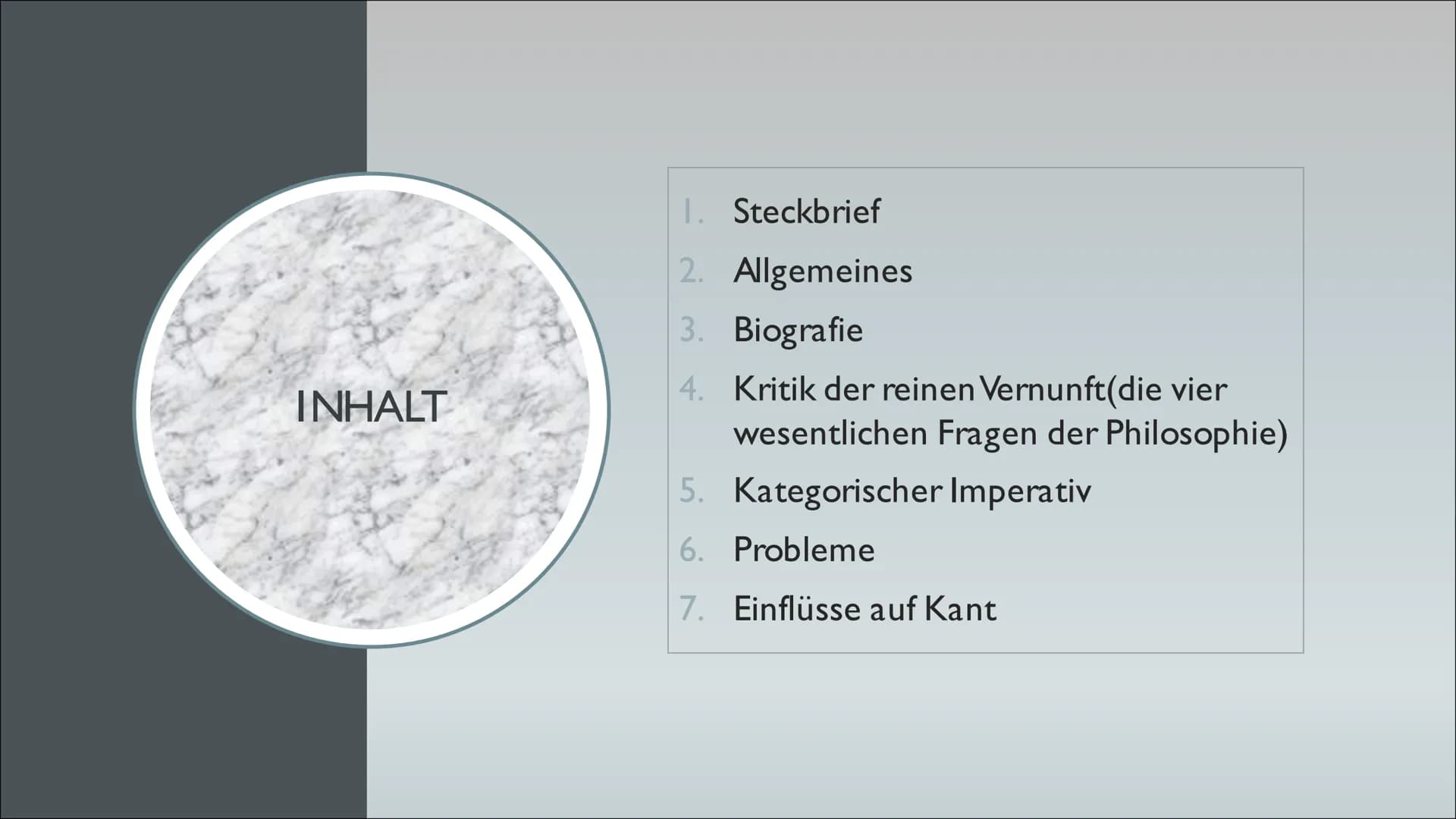 IMMANUEL KANT

Von Anna Lena und Anna INHALT

1. Steckbrief
2. Allgemeines
3. Biografie
4. Kritik der reinen Vernunft(die vier
wesentlichen 