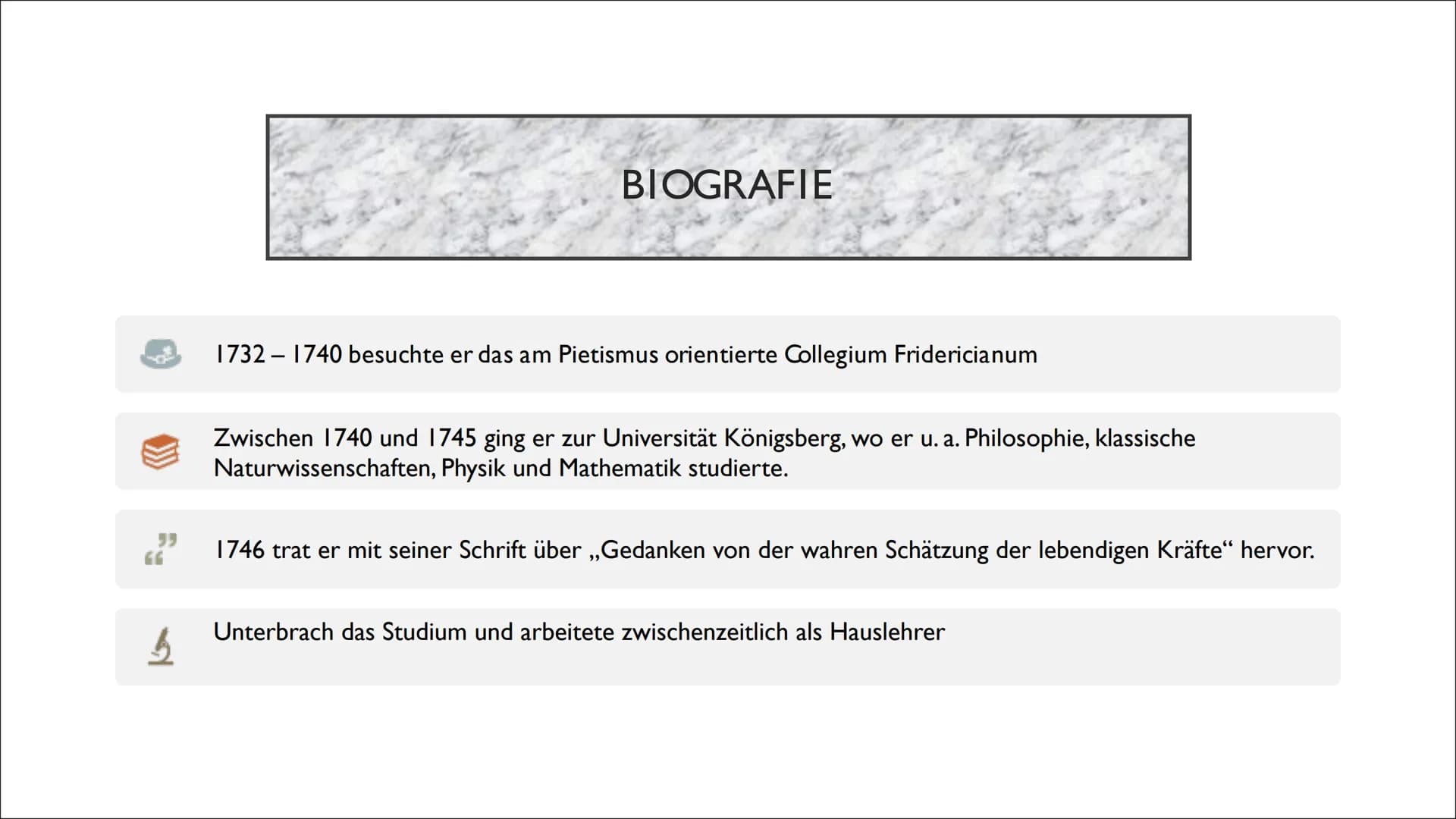 IMMANUEL KANT

Von Anna Lena und Anna INHALT

1. Steckbrief
2. Allgemeines
3. Biografie
4. Kritik der reinen Vernunft(die vier
wesentlichen 