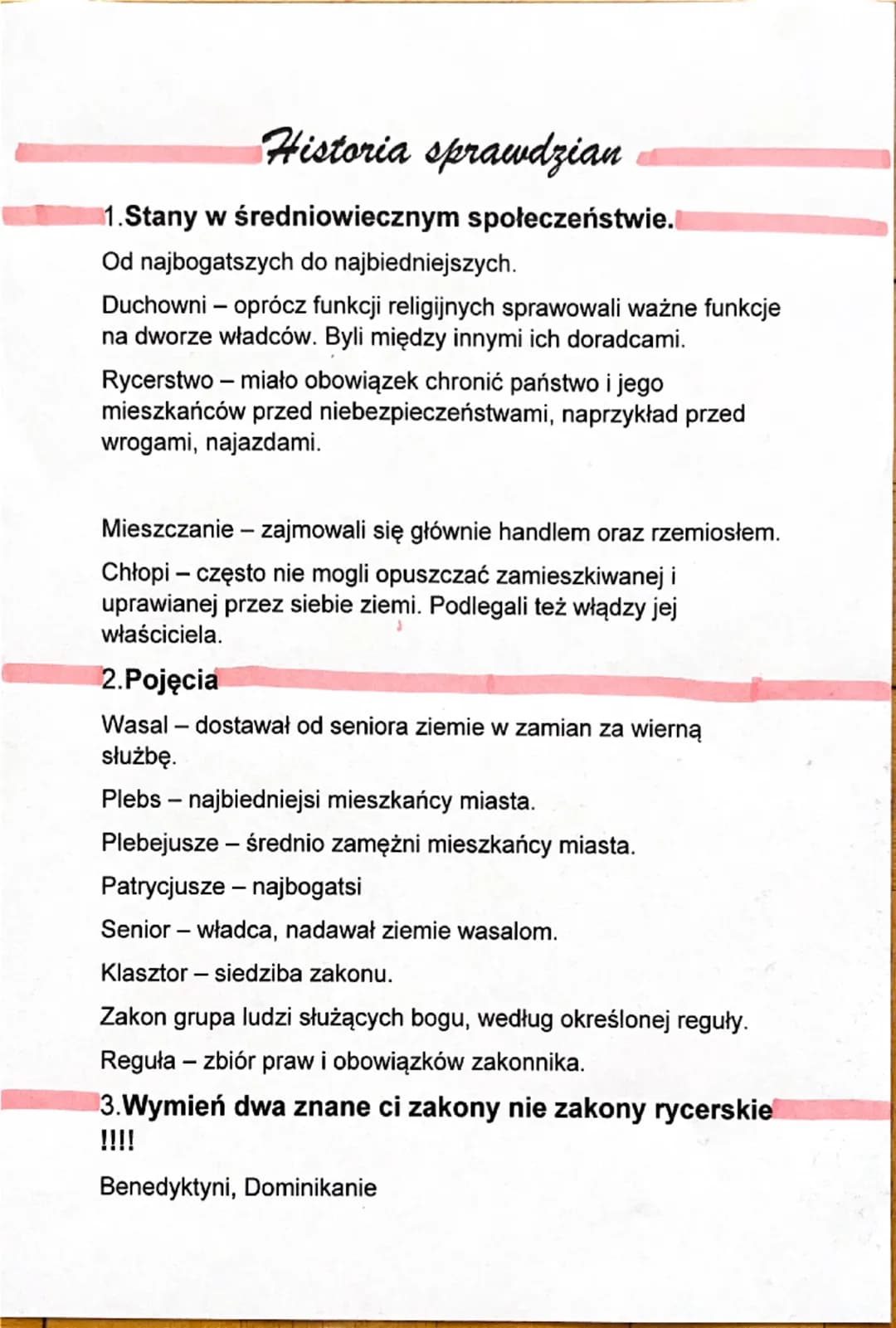 # Historia sprawdzian

1.Stany w średniowiecznym społeczeństwie.

Od najbogatszych do najbiedniejszych.

Duchowni - oprócz funkcji religijny
