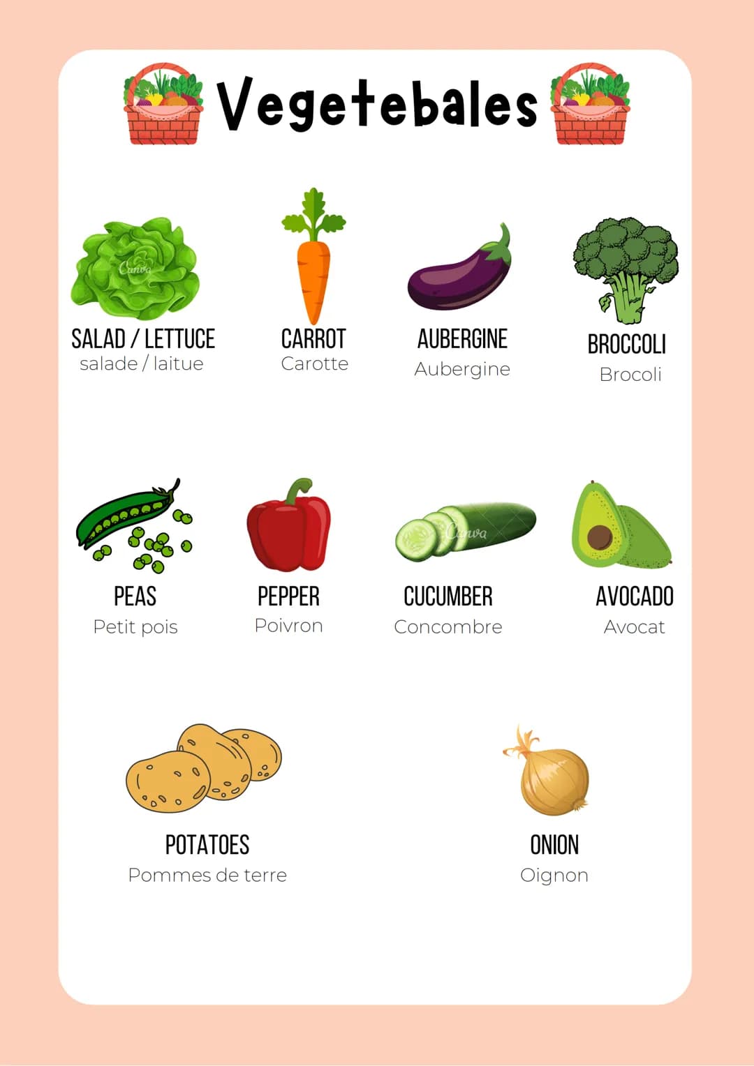 # Anglais

LES ALIMENTS

Par @Lina2209 # Vegetebales

SALAD/LETTUCE
salade / laitue

CARROT
Carotte

AUBERGINE
Aubergine

BROCCOLI
Brocoli

