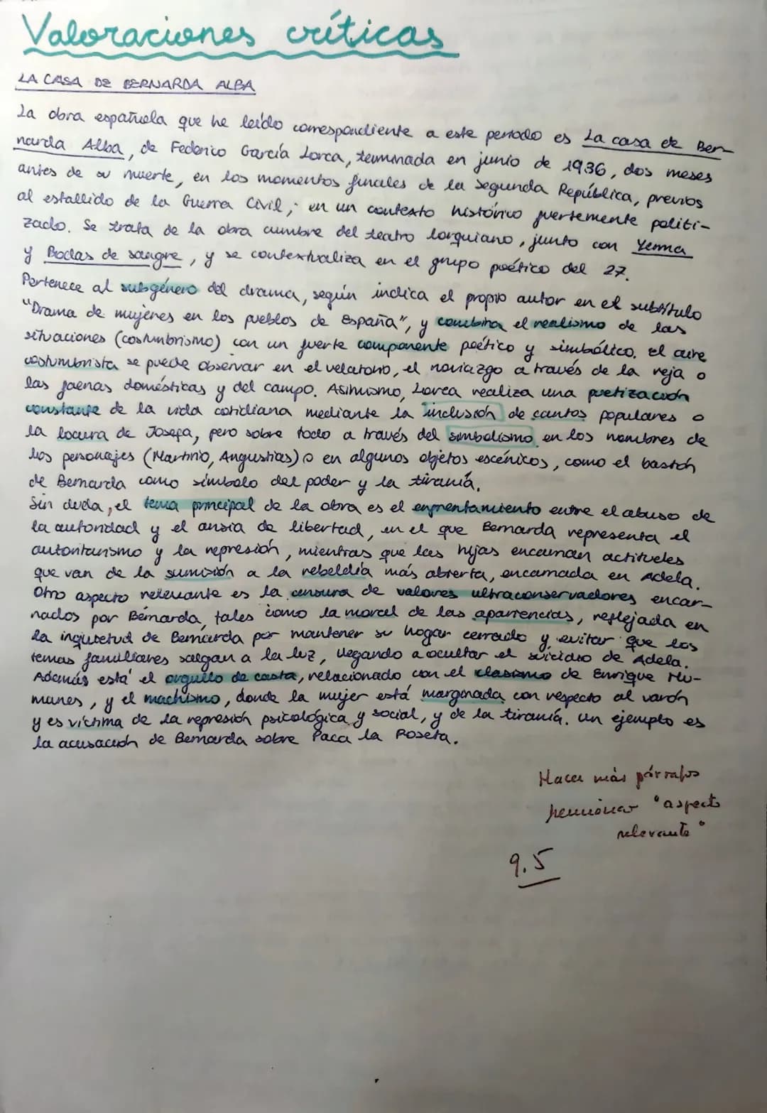 # Valoraciones críticas

LA CASA DE BERNARDA ALBA

La obra espatriela que he leído comespondiente a este penado es La casa de Ben
narda Alba
