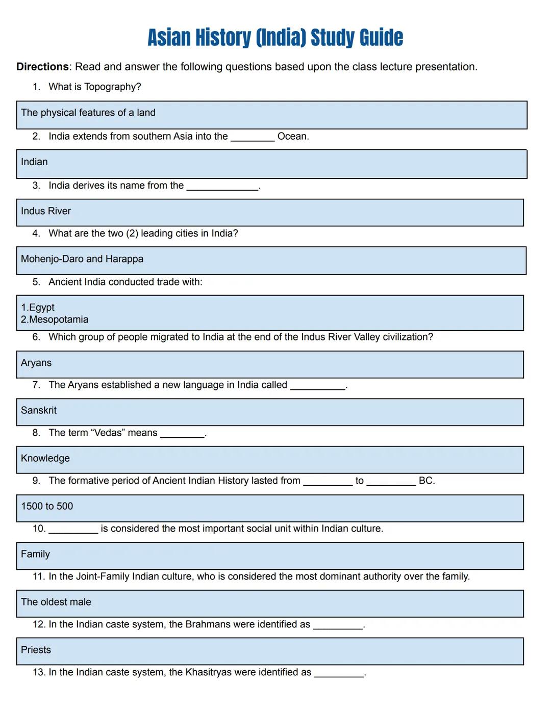 # Asian History Study Guide Packet
(India)

ASIAN
HISTORY # Asian History (India) Study Guide

Directions: Read and answer the following que