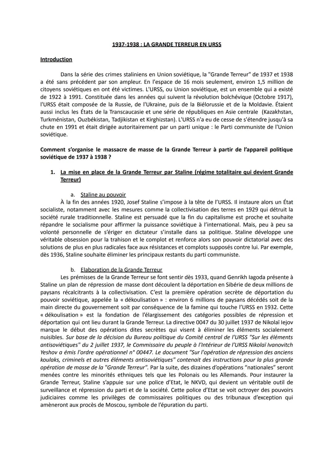 # 1937-1938: LA GRANDE TERREUR EN URSS

Introduction

Dans la série des crimes staliniens en Union soviétique, la "Grande Terreur" de 1937 e