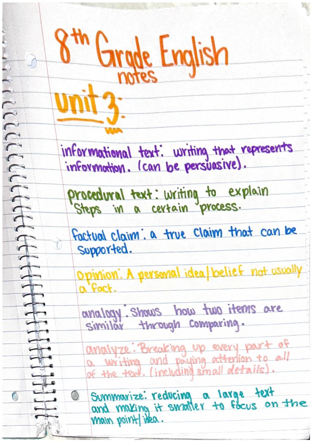 notes
# 8th Grade English

# unit 3

informational text: writing that represents
information. (can be persuasive).

procedural text: writing