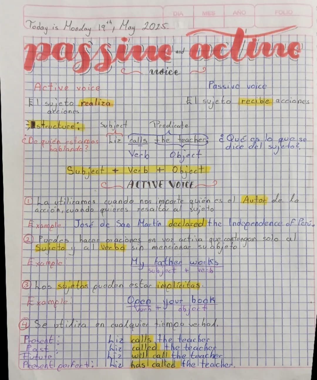 # Today is Monday 19<sup>th</sup> May 2025

# *passive* and *active* 

voice

Active voice
El sujeto realiza
acciones
**Structure:**
¿De qui