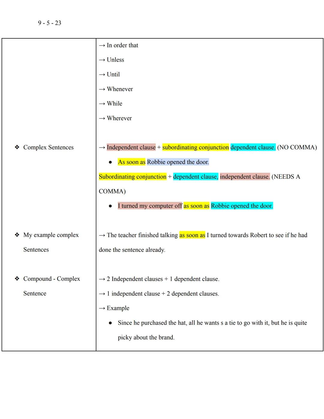 9-5-23

Sentence Structure

| Main Ideas | Notes |
| ----------- | ----------- |
| * Sentence Types | $\rightarrow$ Writing with one type of