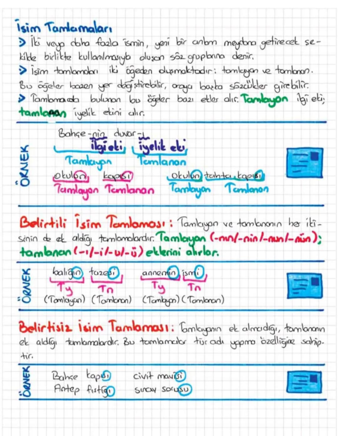 # Isim Tamlamaları

→ İki veya daha fazla ismin, yeni bir anın meydana getirecek se-
kikle birlikte kullanılmasıyla oluşan söz gruplarına de