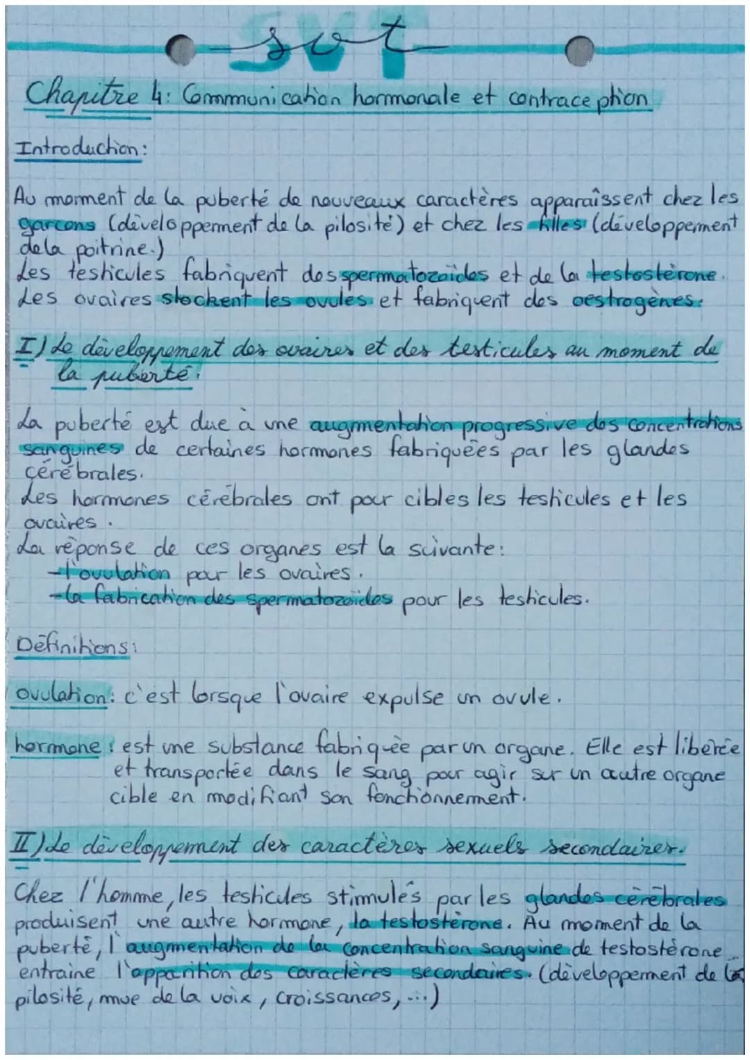 Chapitre 4: Communication hormonale et contraception

Introduction:

Au moment de la puberté de nouveaux caractères apparaissent chez les
ga