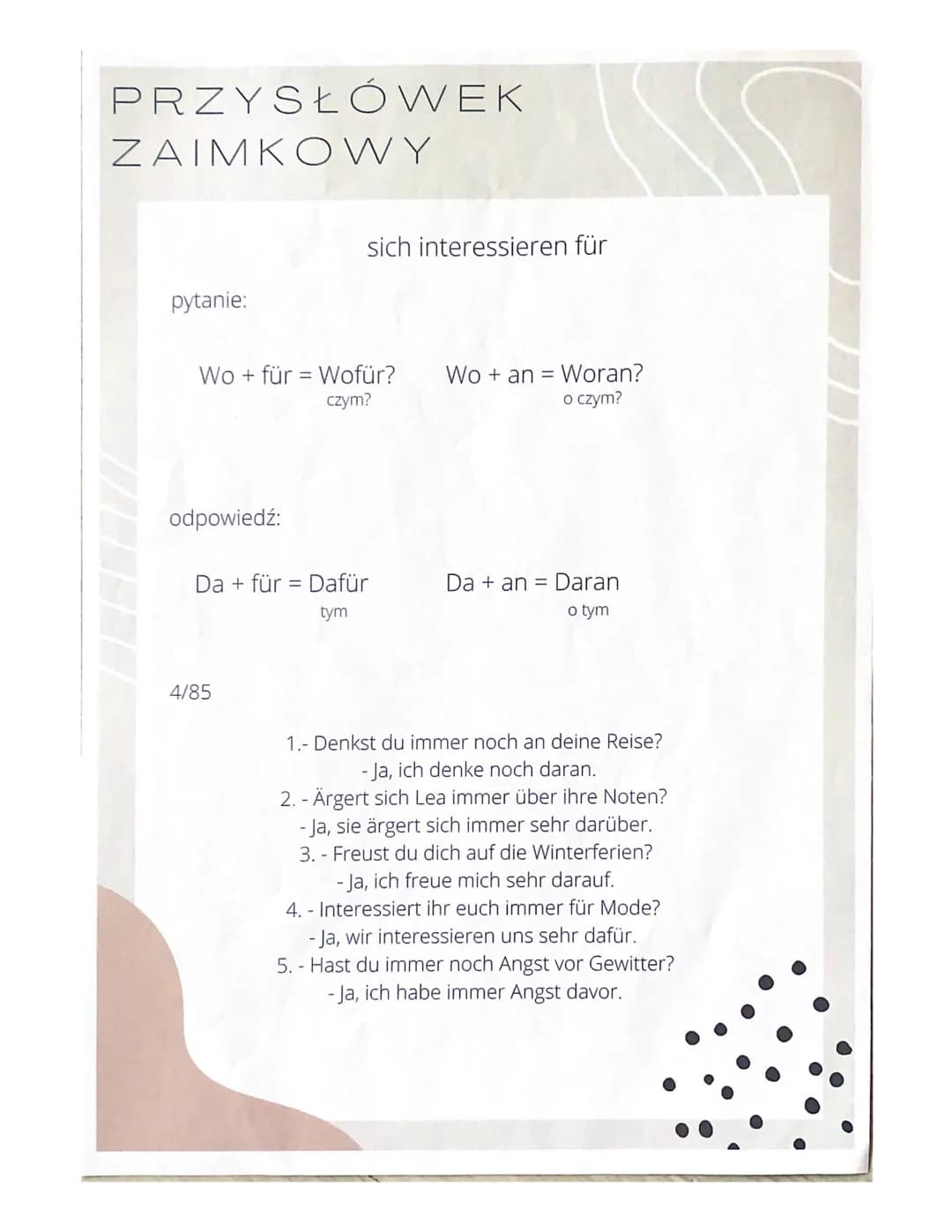 # Rekcja

• sich interesieren für - interesować się czymś
sein für/gegen - być za czymś/ przeciw
• sich beschäftigen mit - zajmować się czym
