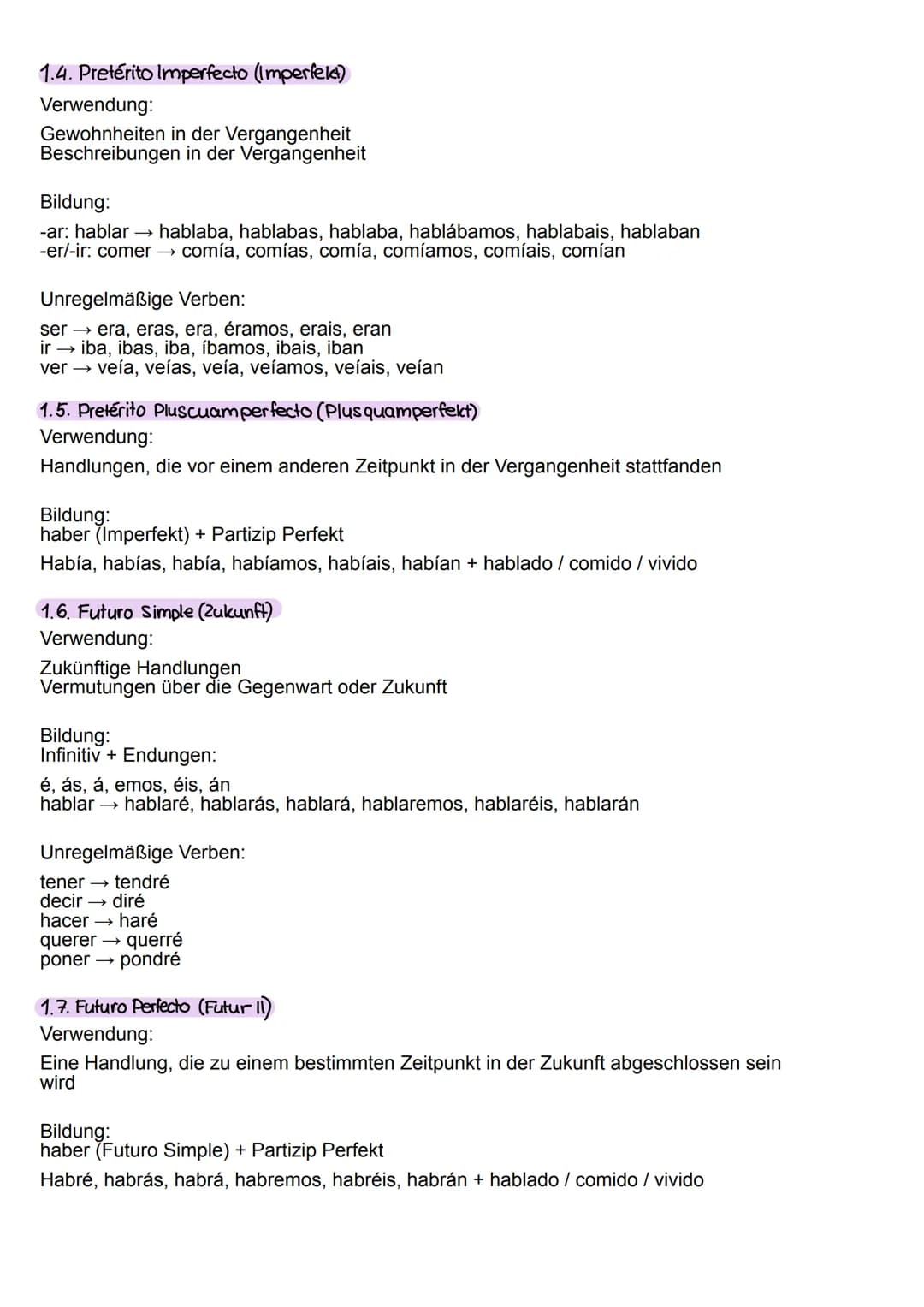 # Spanische Zeitformen

1.1. Presente (Prasens)

Verwendung:

Handlungen in der Gegenwart

Allgemeingültige Aussagen

Zukünftige Handlungen 