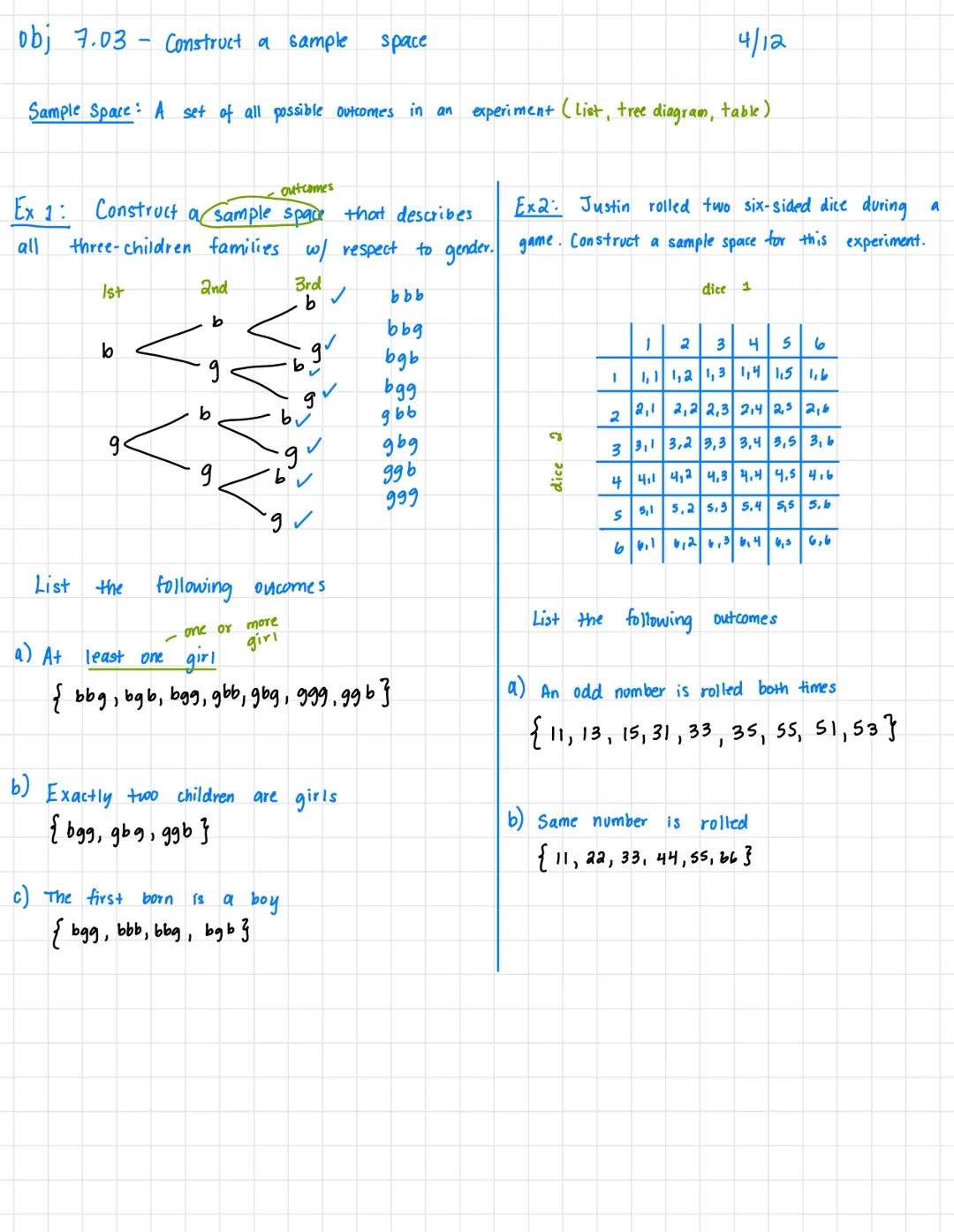 obj 7.03 - Construct a sample space

4/12

Sample Space: A set of all possible outcomes in an experiment (List, tree diagram, table)

Ex 1: 