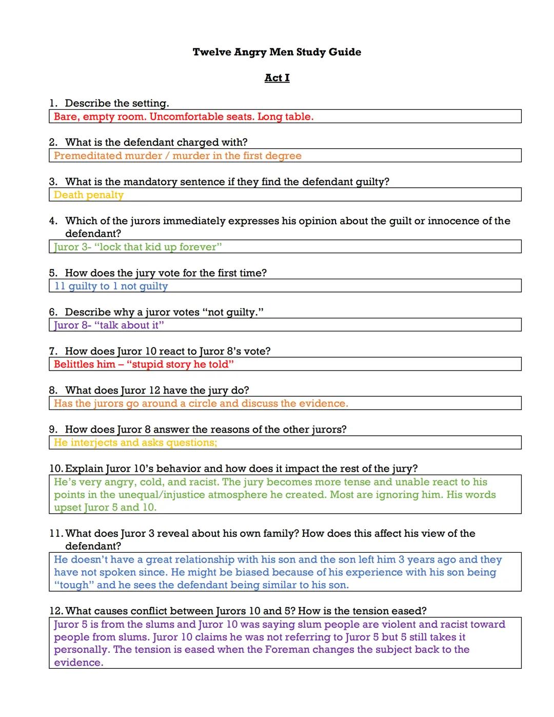 # Twelve Angry Men Study Guide

Act I

1. Describe the setting.

Bare, empty room. Uncomfortable seats. Long table.

2. What is the defendan