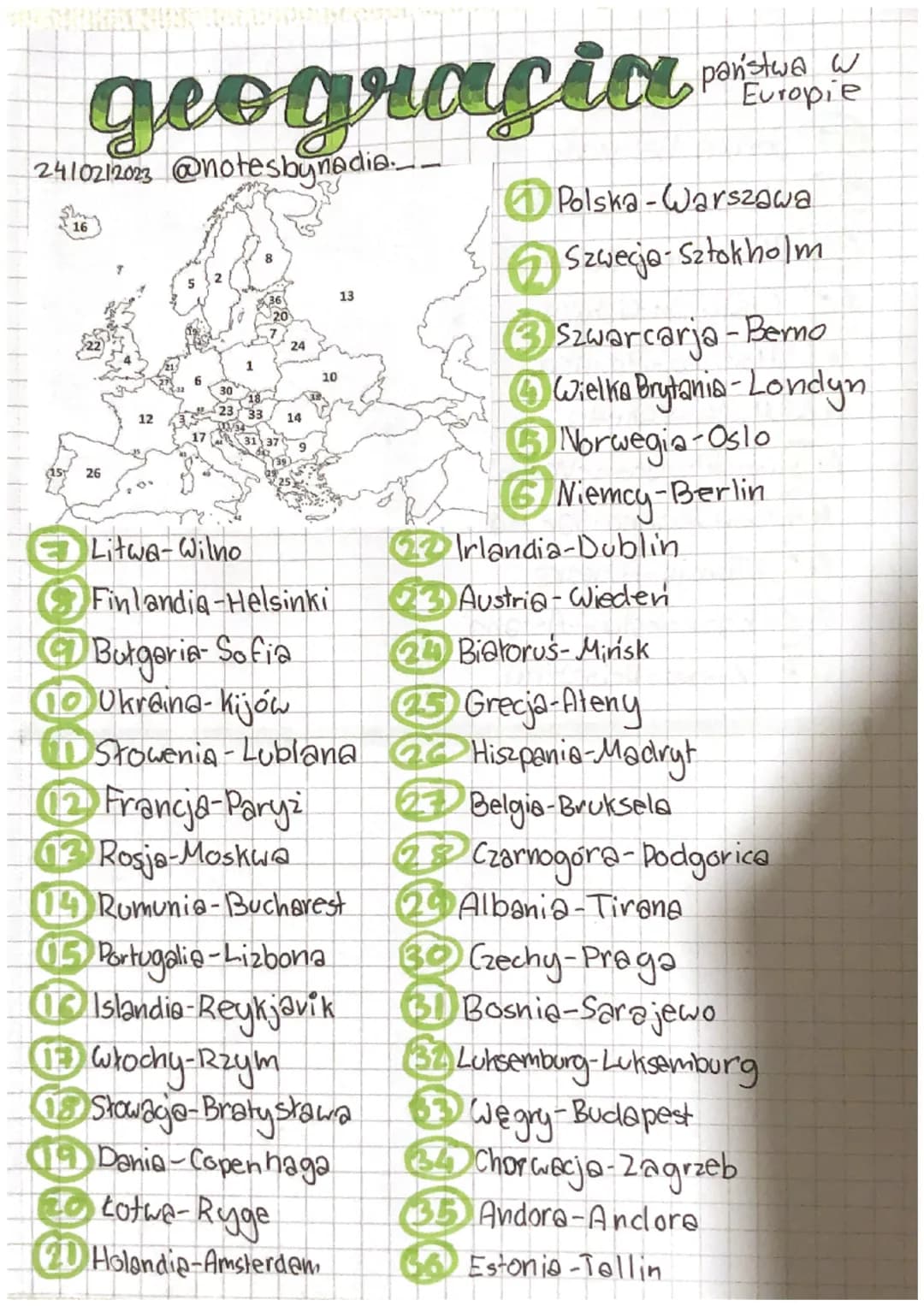 geogragiau
państwa w Europie
24/02/2023 @notesbunadia...
16
22
26
12
32333
17
Litwa-Wilno
24
14
✔ Polska-Warszawa
Szwecja Sztokholm
w
3 Szwa