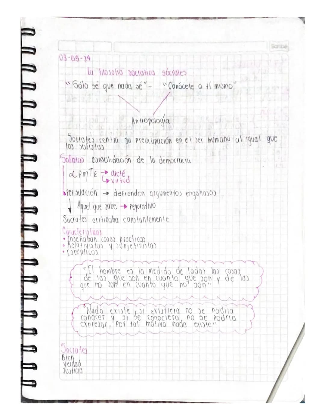 03-05-24
La filosofia socratica sócrates
Saribe
"Sólo sé que nada sé" "Conócete a tí mismo"
Antropología
Socrates centra ju precupación en e