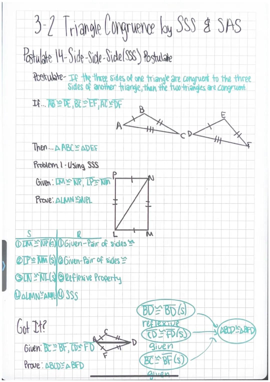 # 3-2 Triangle Congruence by SSS & SAS

Postulate 14-Side-Side-Side/SSS) Postulate

Postulbite- If the three sides of one triangle are congr