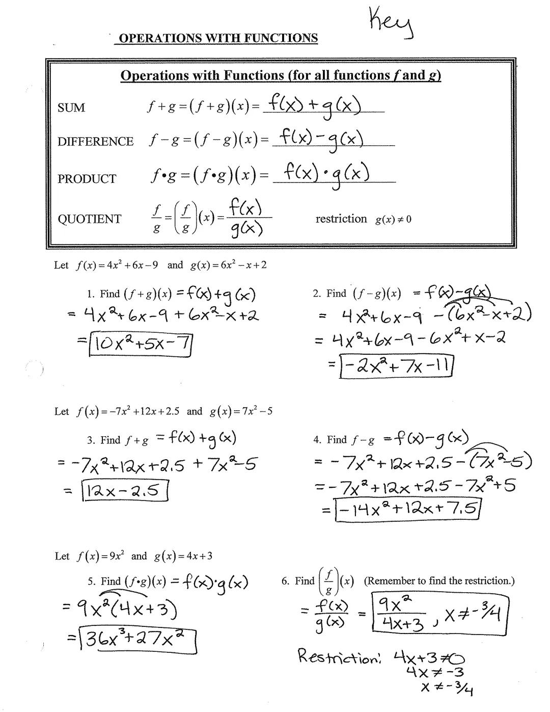 # OPERATIONS WITH FUNCTIONS

Key

Operations with Functions (for all functions f and g)

SUM

$f+g=(f+g)(x) = f(x)+g(x)$

DIFFERENCE $f-g=(f