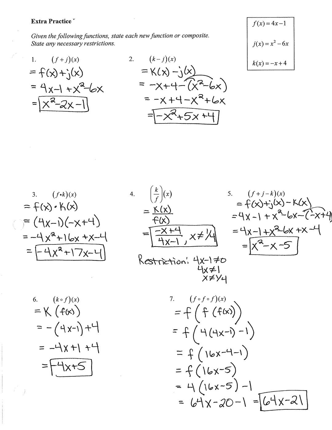 # OPERATIONS WITH FUNCTIONS

Key

Operations with Functions (for all functions f and g)

SUM

$f+g=(f+g)(x) = f(x)+g(x)$

DIFFERENCE $f-g=(f