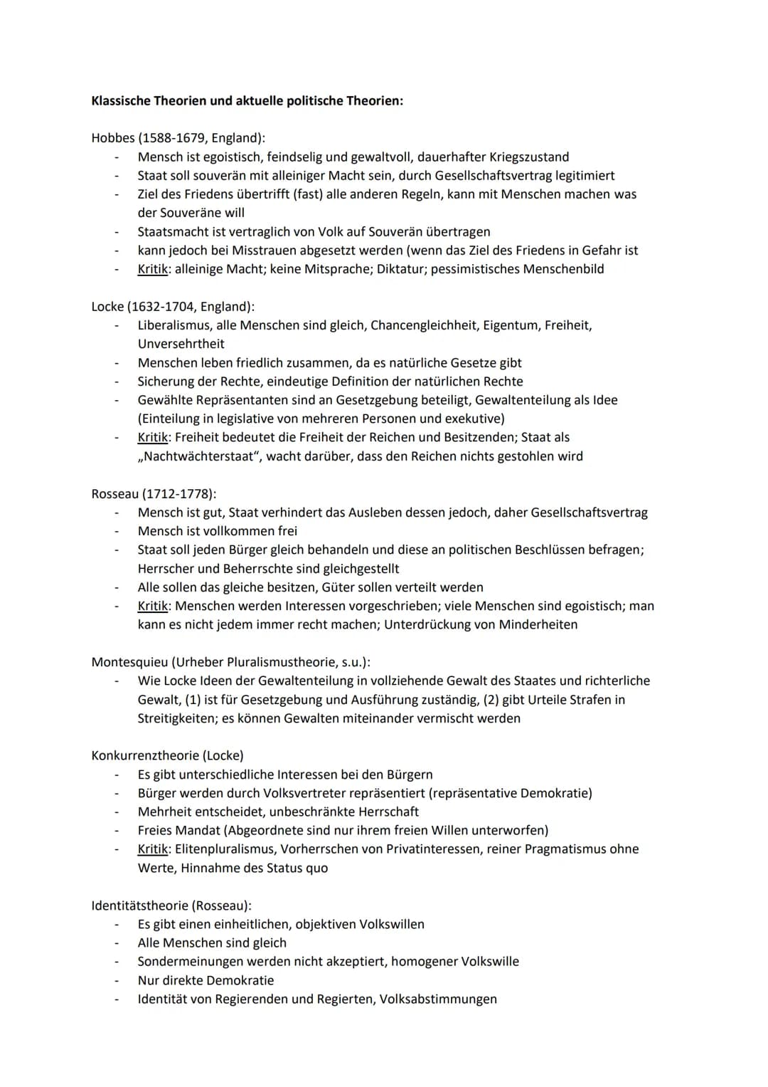 # Klassische Theorien und aktuelle politische Theorien:

Hobbes (1588-1679, England):

- Mensch ist egoistisch, feindselig und gewaltvoll, d