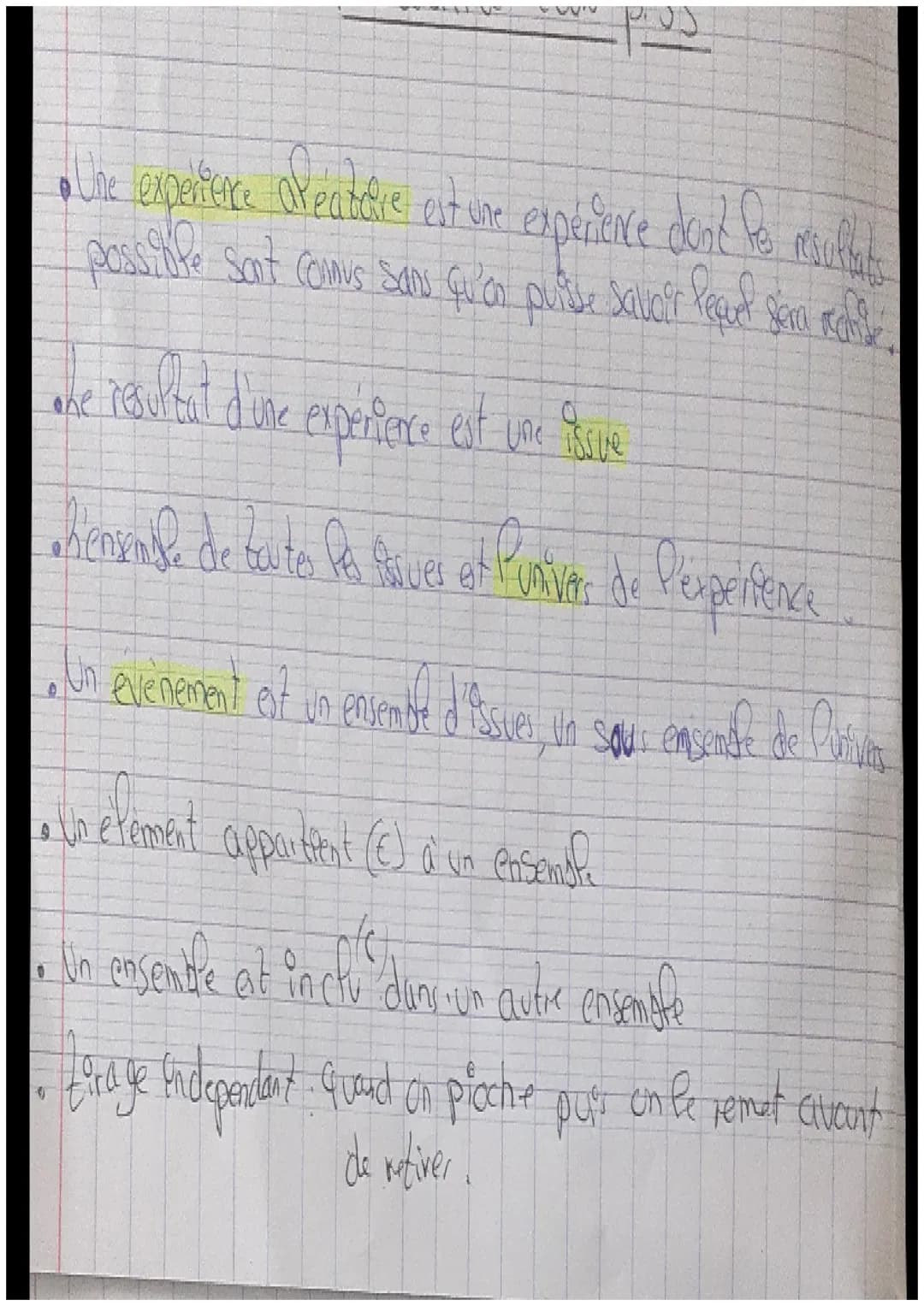 # Probabilité

I Vocabulaire

1 Definition L'encante des issues (resultats) d'une experience aléatoira
appele P'univers nuté.
Exemple: je la
