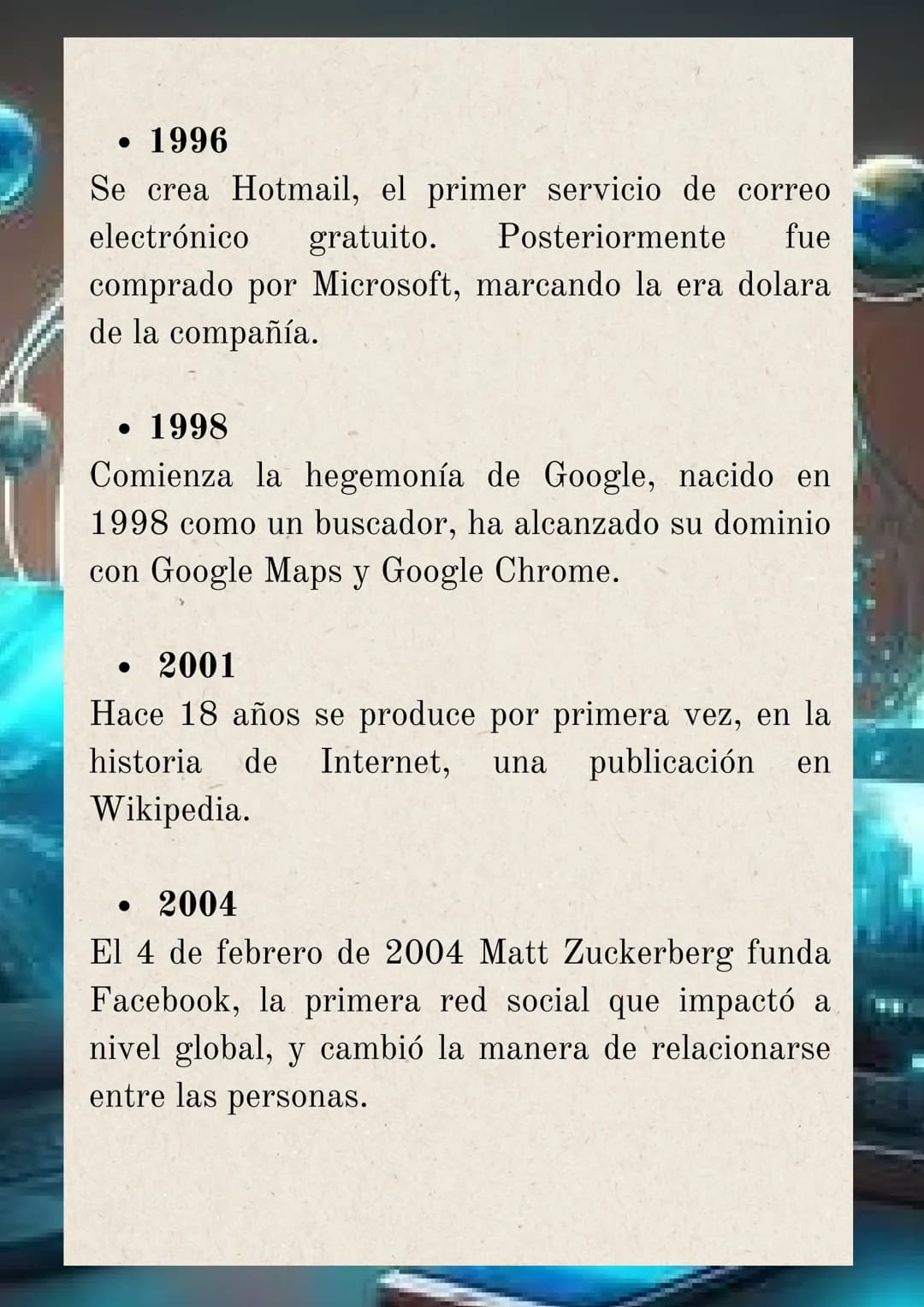 # HISTORIA DEL INTERNET

Internet inició en torno al año 1.969, cuando el
departamento de defensa de los EE.UU desarrolló
ARPANET, una red d