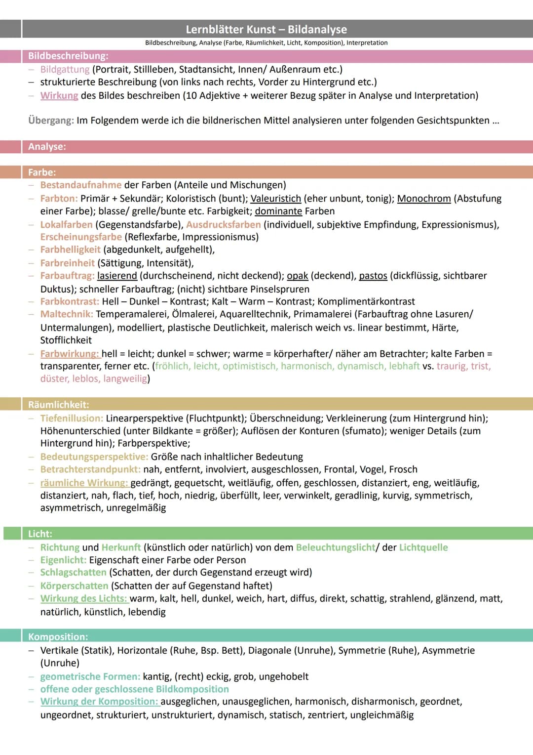 # Lernblätter Kunst - Bildanalyse
Bildbeschreibung, Analyse (Farbe, Räumlichkeit, Licht, Komposition), Interpretation

- Bildbeschreibung:
 